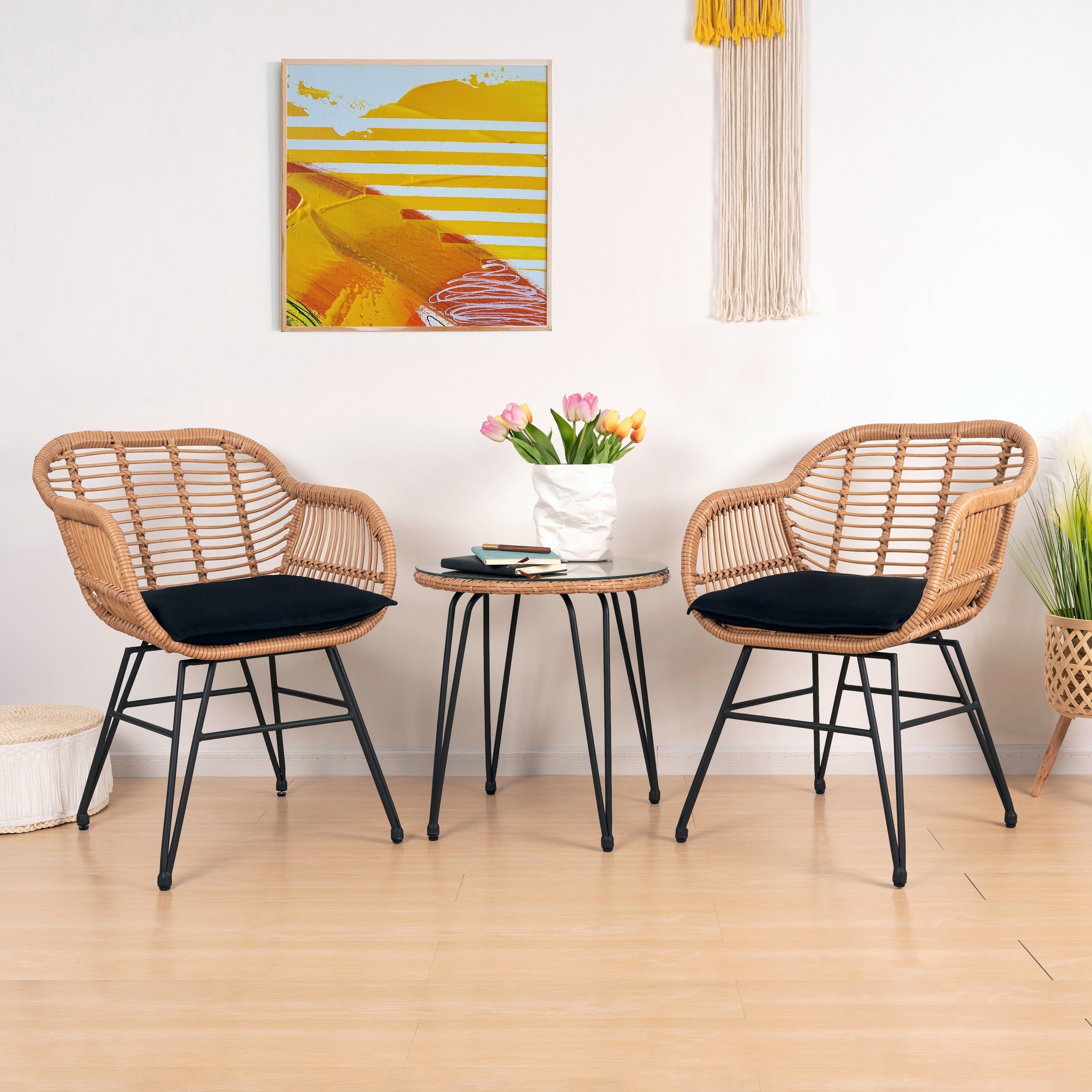 3 Piece Outdoor Wicker Furniture Patio Bistro Set With Cushions for Porch Poolside Garden - 21.2L x 23.6W x 31.5H