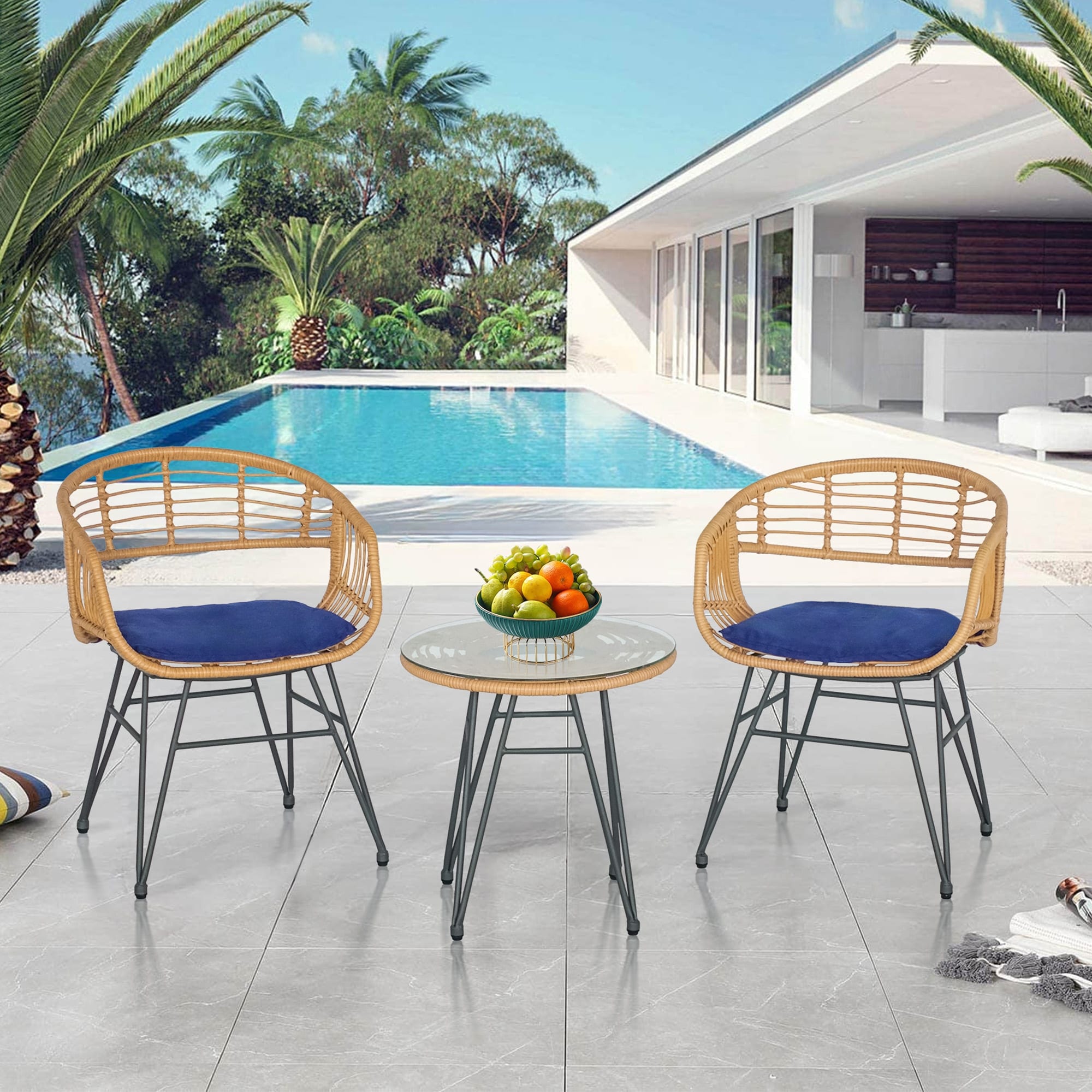 3 Piece Outdoor Wicker Furniture Patio Bistro Set With Cushions for Porch Poolside Garden - 21.2L x 23.6W x 31.5H
