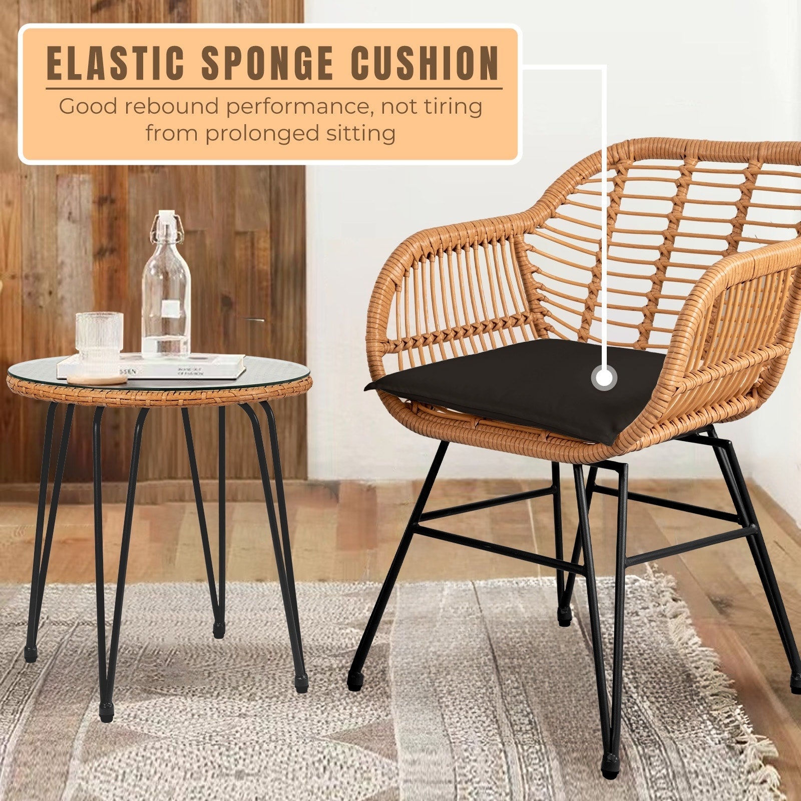 3 Piece Outdoor Wicker Furniture Patio Bistro Set With Cushions for Porch Poolside Garden - 21.2L x 23.6W x 31.5H