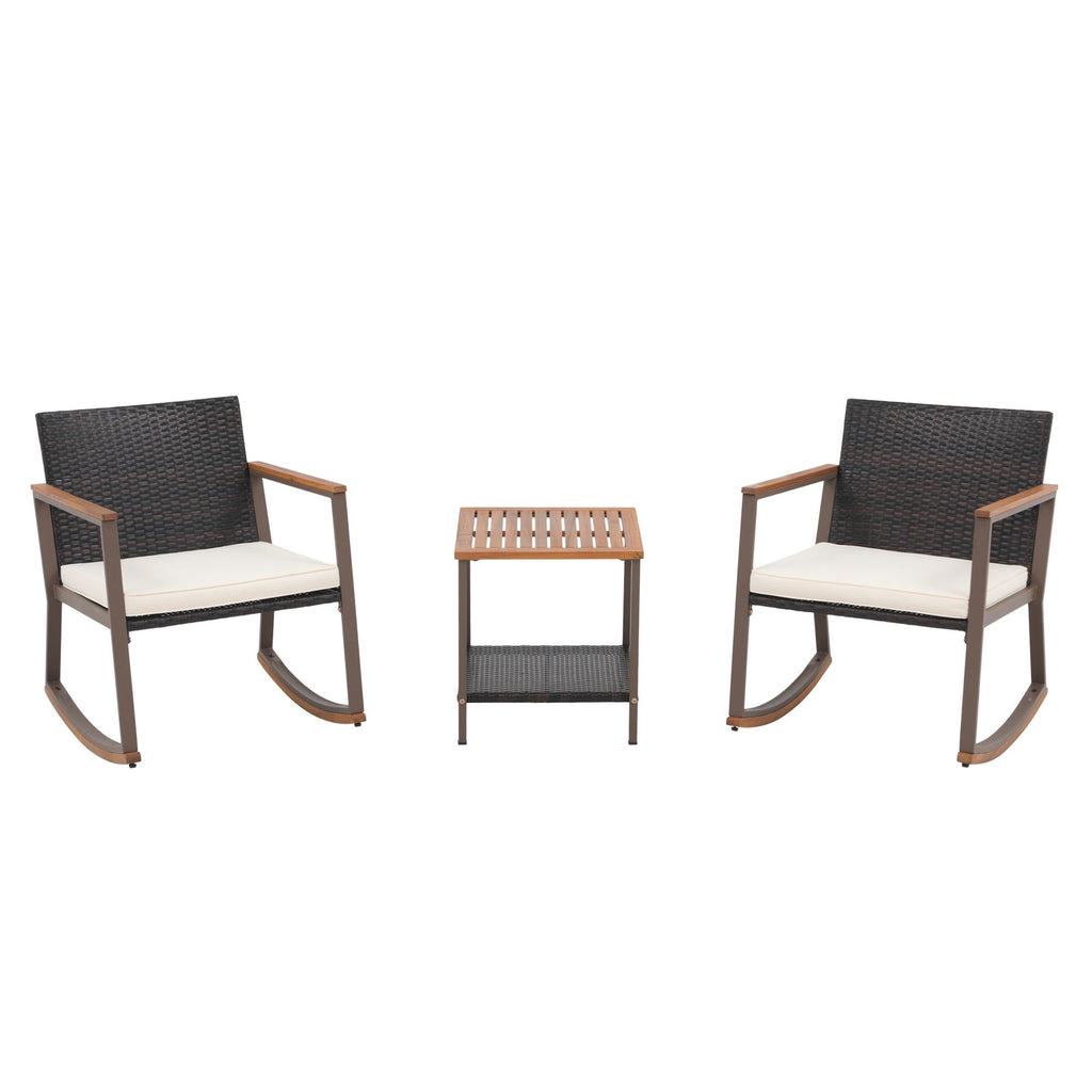 3-Piece Outdoor Wicker Rocking Chair Set with Cushions
