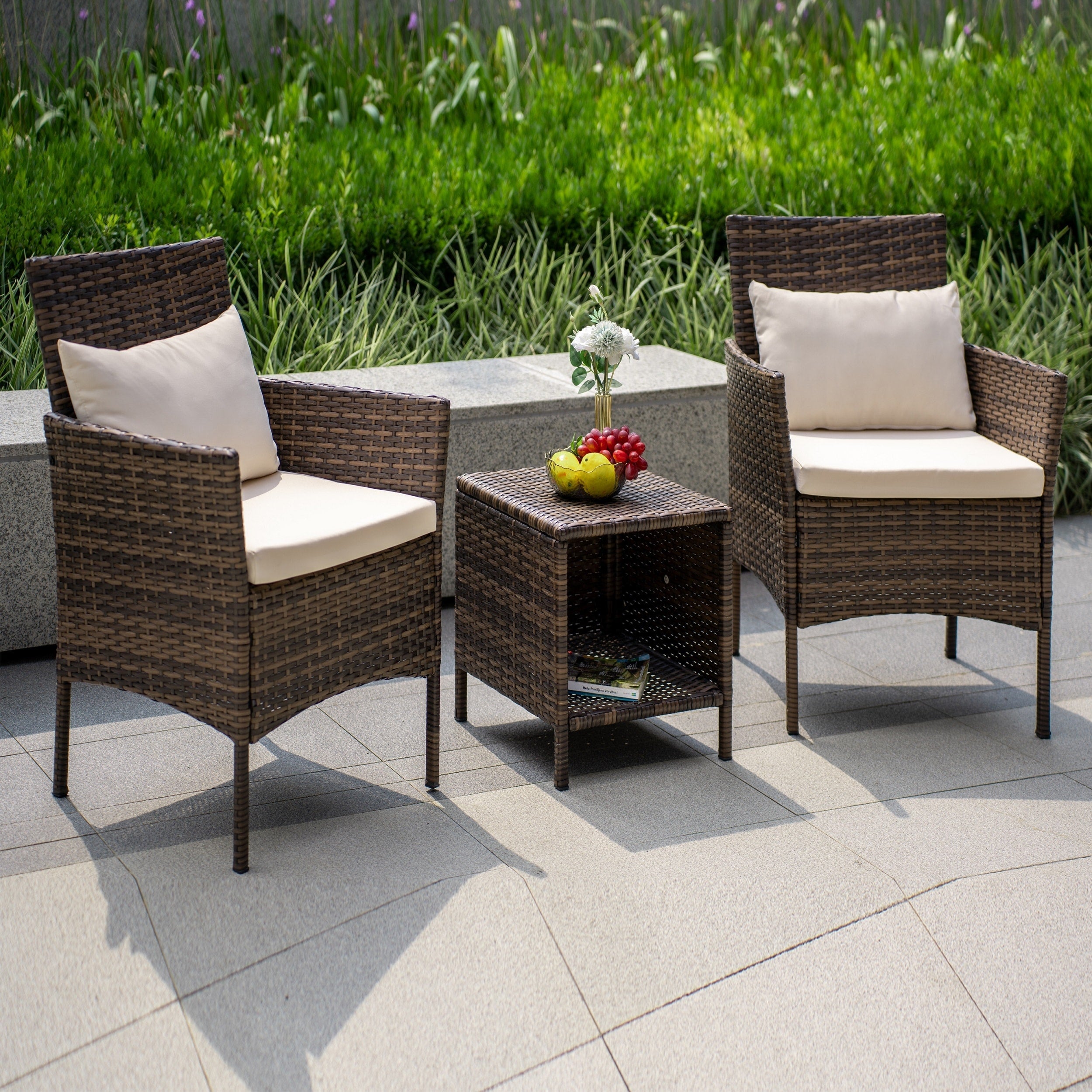 3 Piece Patio Conversation Bistro Set Outdoor Chat Furniture,Wicker Chairs and Storable Table Set,Porch Balcony Furniture Set