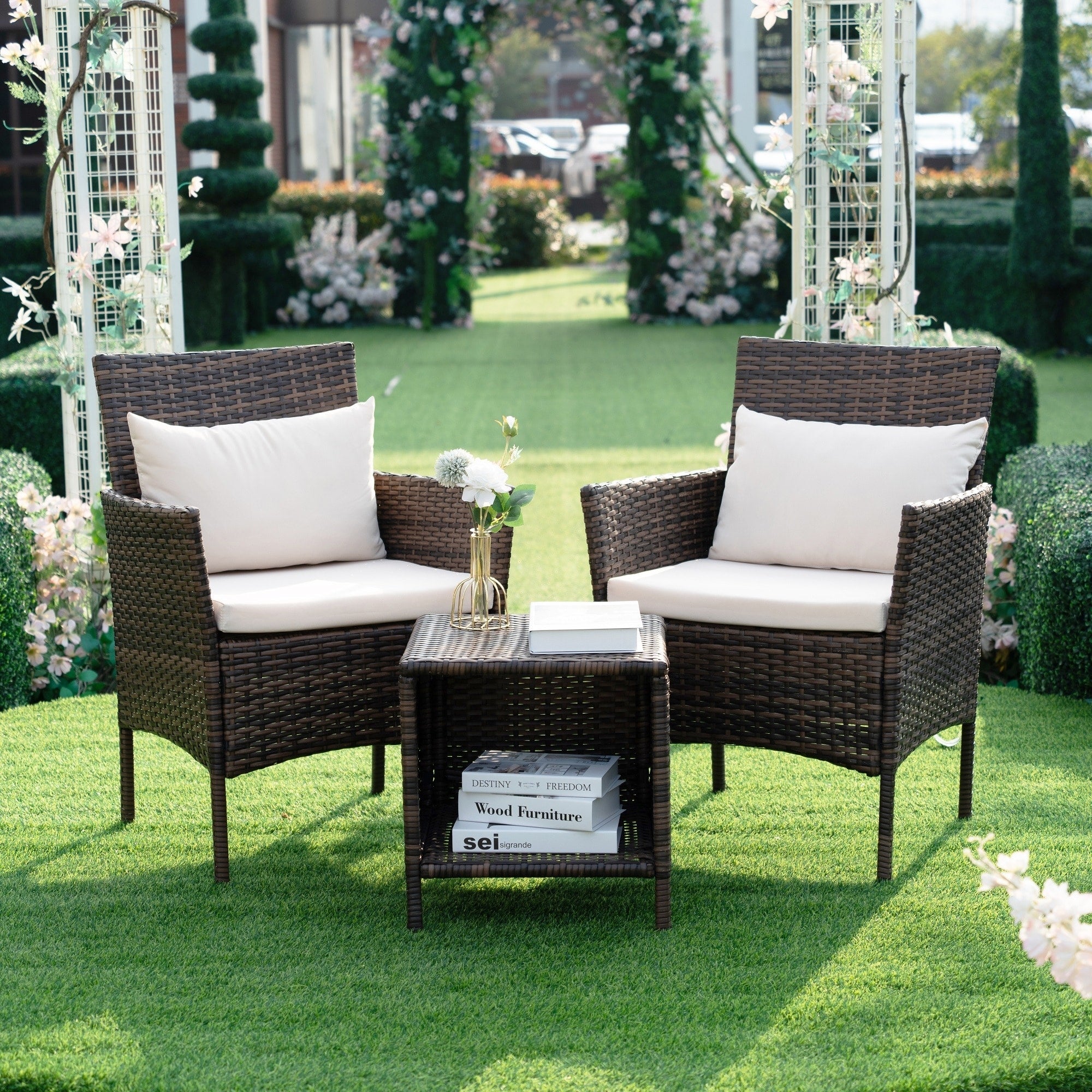 3 Piece Patio Conversation Bistro Set Outdoor Chat Furniture,Wicker Chairs and Storable Table Set,Porch Balcony Furniture Set