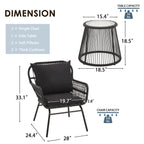 3-Piece Patio Conversation Bistro Set, Outdoor Rattan Furniture Set with Glass Table & 2 Wide Armchairs, Seat Cushions