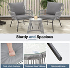 3-Piece Patio Conversation Bistro Set, Outdoor Rattan Furniture Set with Glass Table & 2 Wide Armchairs, Seat Cushions