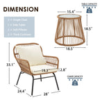 3-Piece Patio Conversation Bistro Set, Outdoor Rattan Furniture Set with Glass Table & 2 Wide Armchairs, Seat Cushions