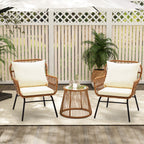 3-Piece Patio Conversation Bistro Set, Outdoor Rattan Furniture Set with Glass Table & 2 Wide Armchairs, Seat Cushions