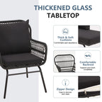 3-Piece Patio Conversation Bistro Set, Outdoor Rattan Furniture Set with Glass Table & 2 Wide Armchairs, Seat Cushions