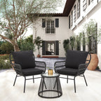 3-Piece Patio Conversation Bistro Set, Outdoor Rattan Furniture Set with Glass Table & 2 Wide Armchairs, Seat Cushions