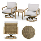 3-Piece Wood-grain Aluminum Patio Conversation Set with Swivel Chairs, Rattan Chair Back and Cushions
