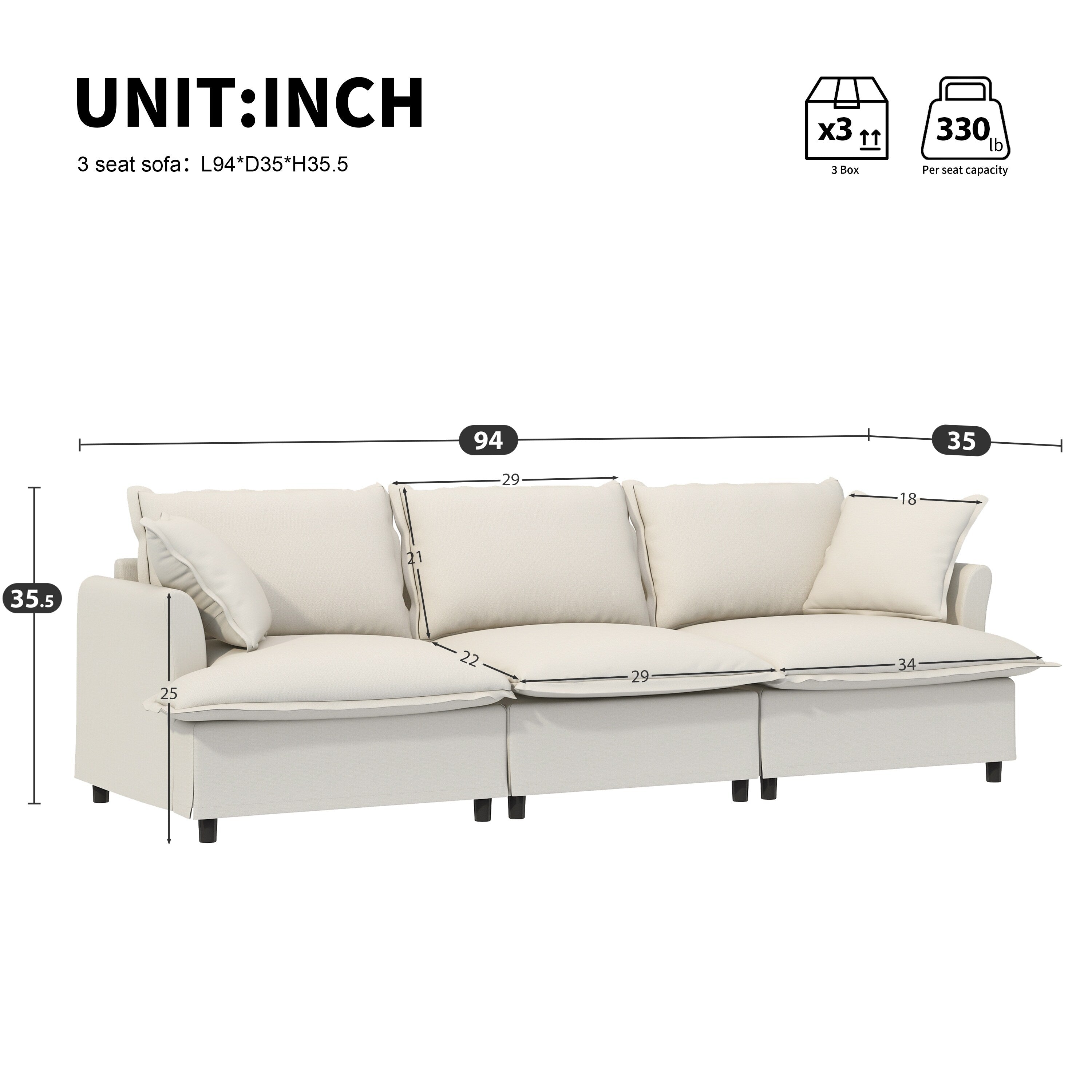3 Seat Sofa Module For Modular Sectional Sofa,Wide Seat,Chenille Cloud Couch With Throw Pillows