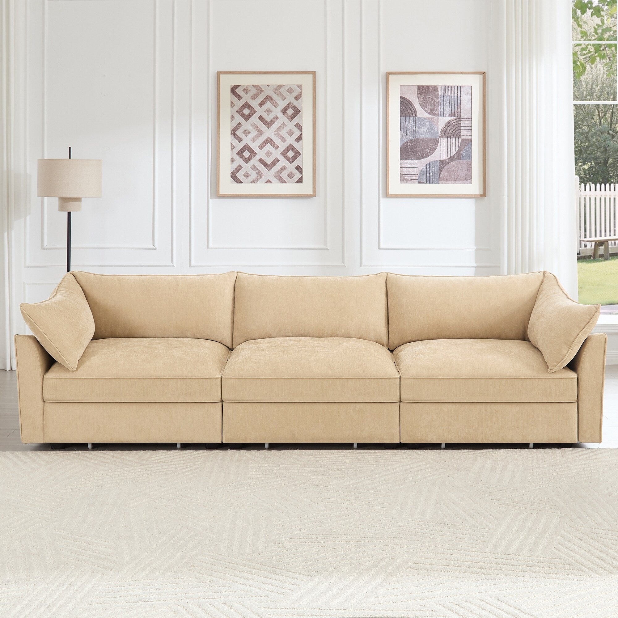 3-Seater Large Wide & Deep Sofa with Pull out Drawers Under Each Seat, Crescent-Shaped Armrests and Wraparound Back