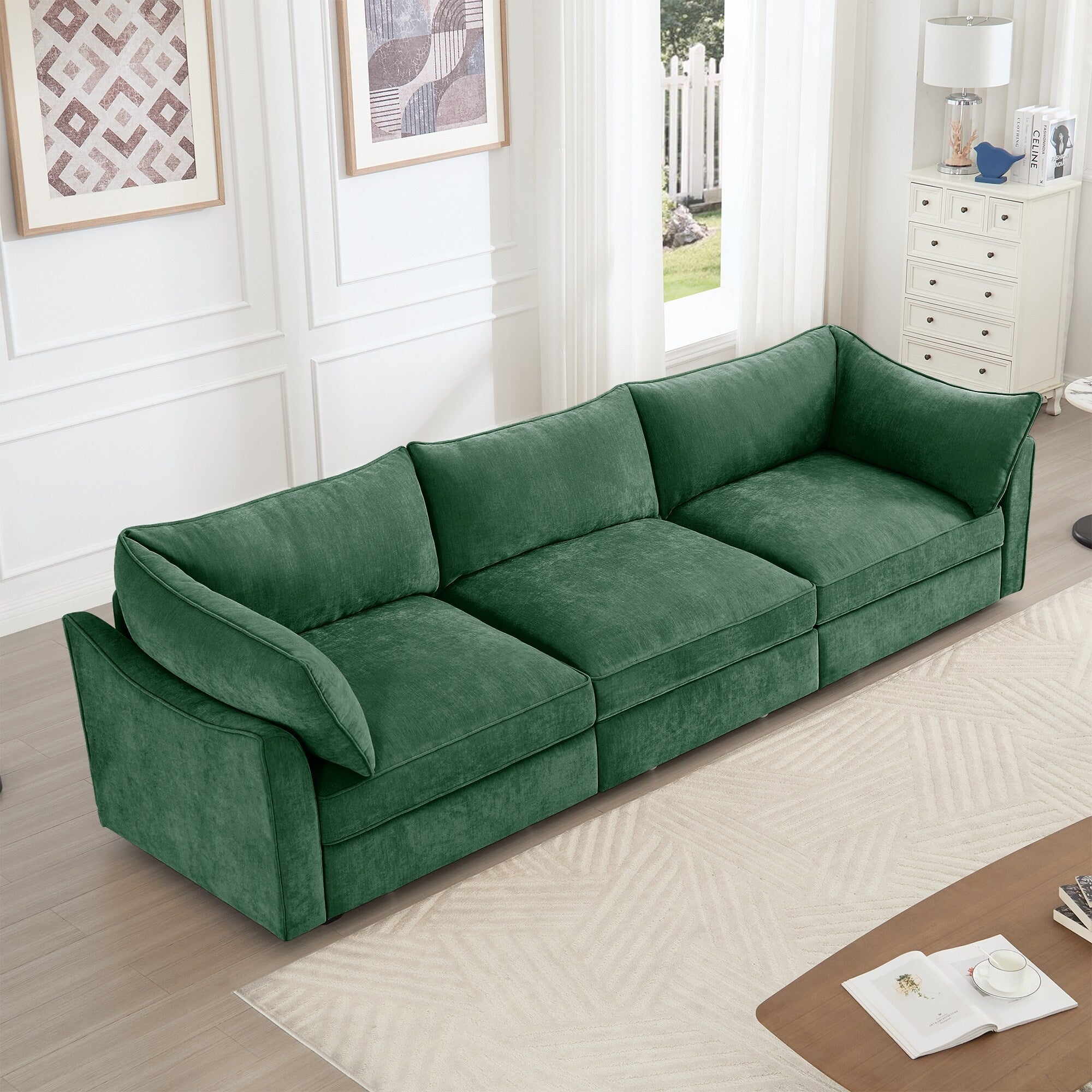3-Seater Large Wide & Deep Sofa with Pull out Drawers Under Each Seat, Crescent-Shaped Armrests and Wraparound Back