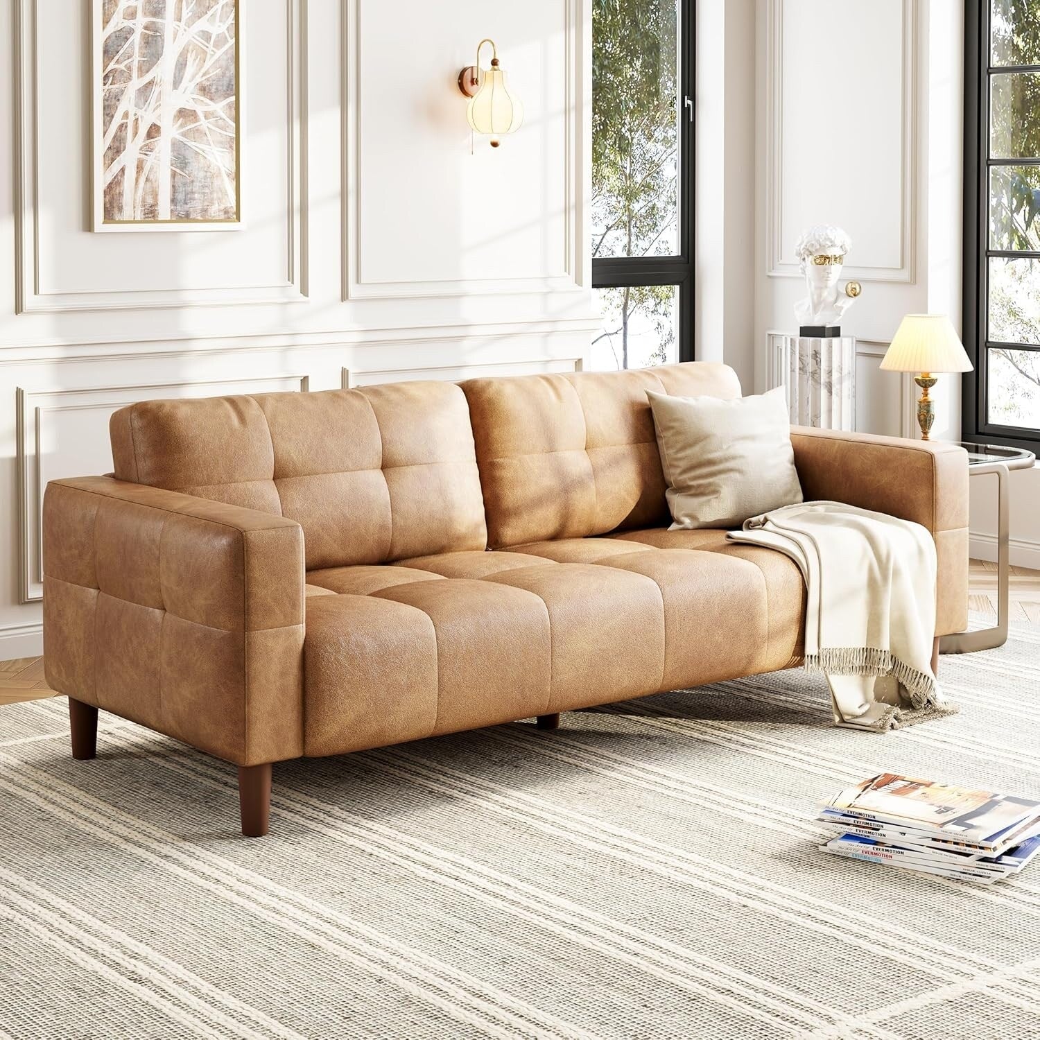 3-Seater Sofa Couch, 83 Wide Faux Leather Sofa Couch with Spring Cushion, Modern Sofa