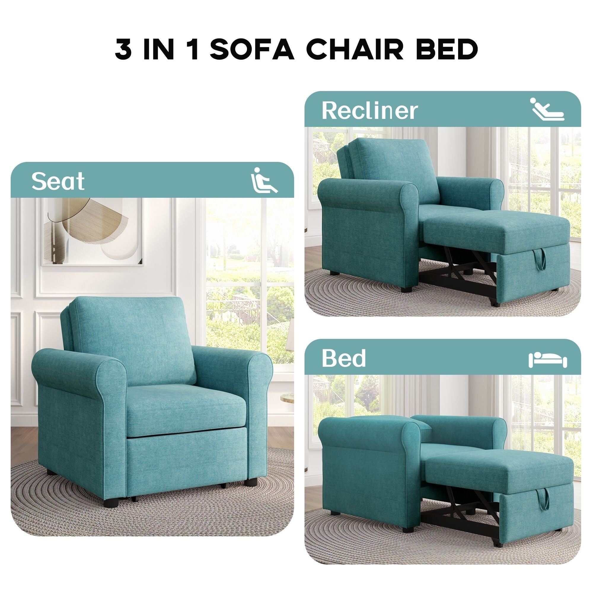 3-in-1 Adjustable Sleeper Sofa Bed, Pull Out Sofa Chair, Convertible Folding Bed for Living Room