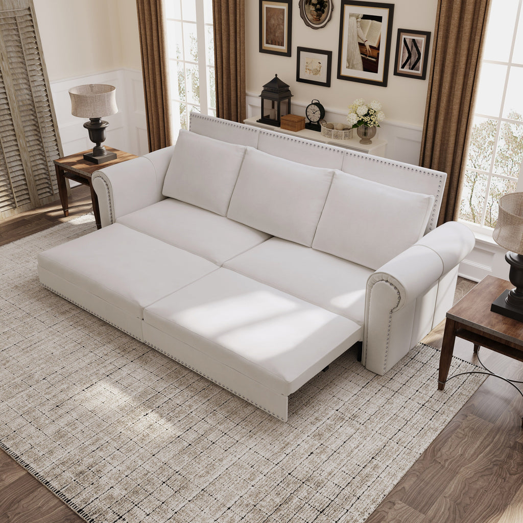 3-in-1 Convertible King Sleeper Sofa with Nailhead Trim & Rolled Arm