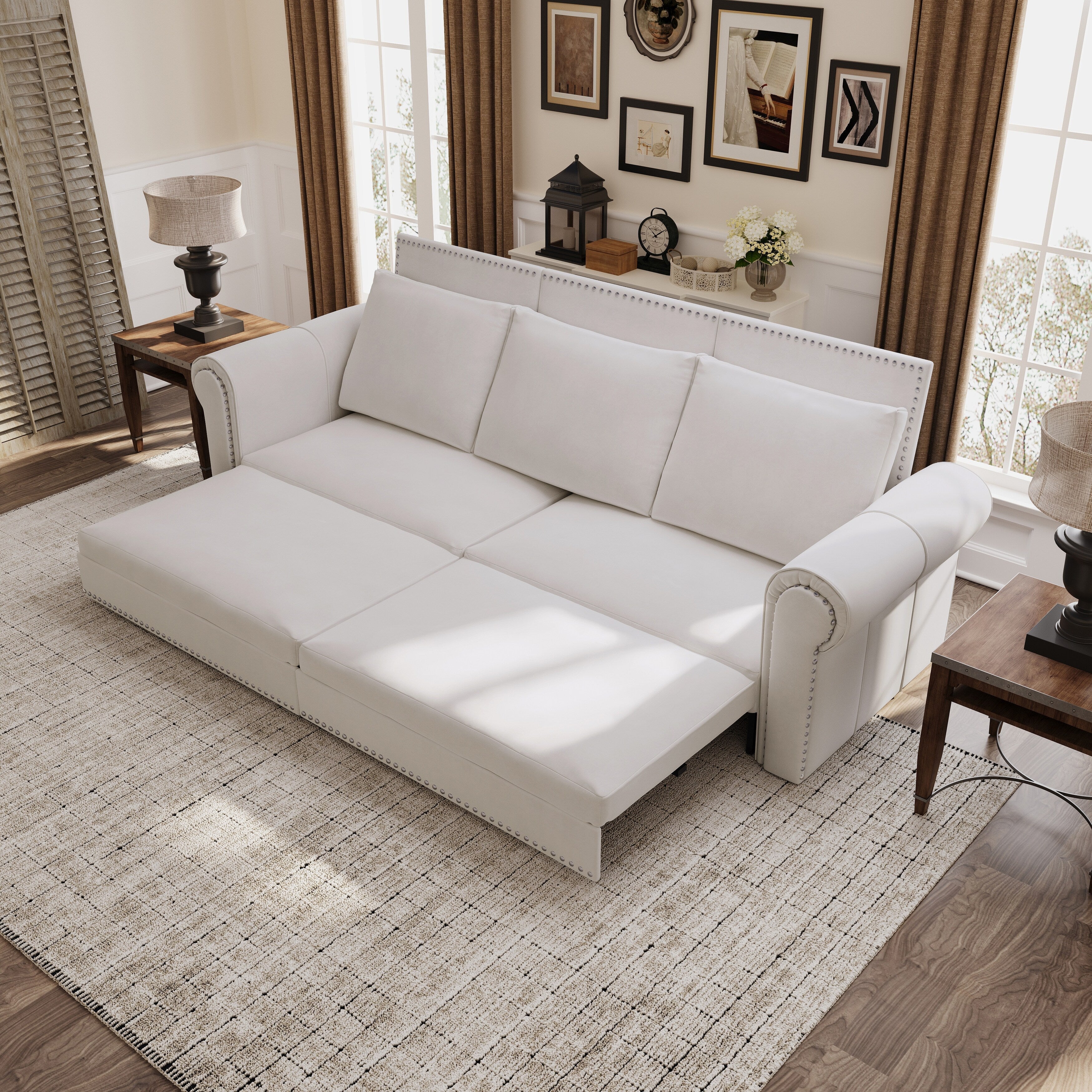 3-in-1 Convertible King Sleeper Sofa with Nailhead Trim & Rolled Arm