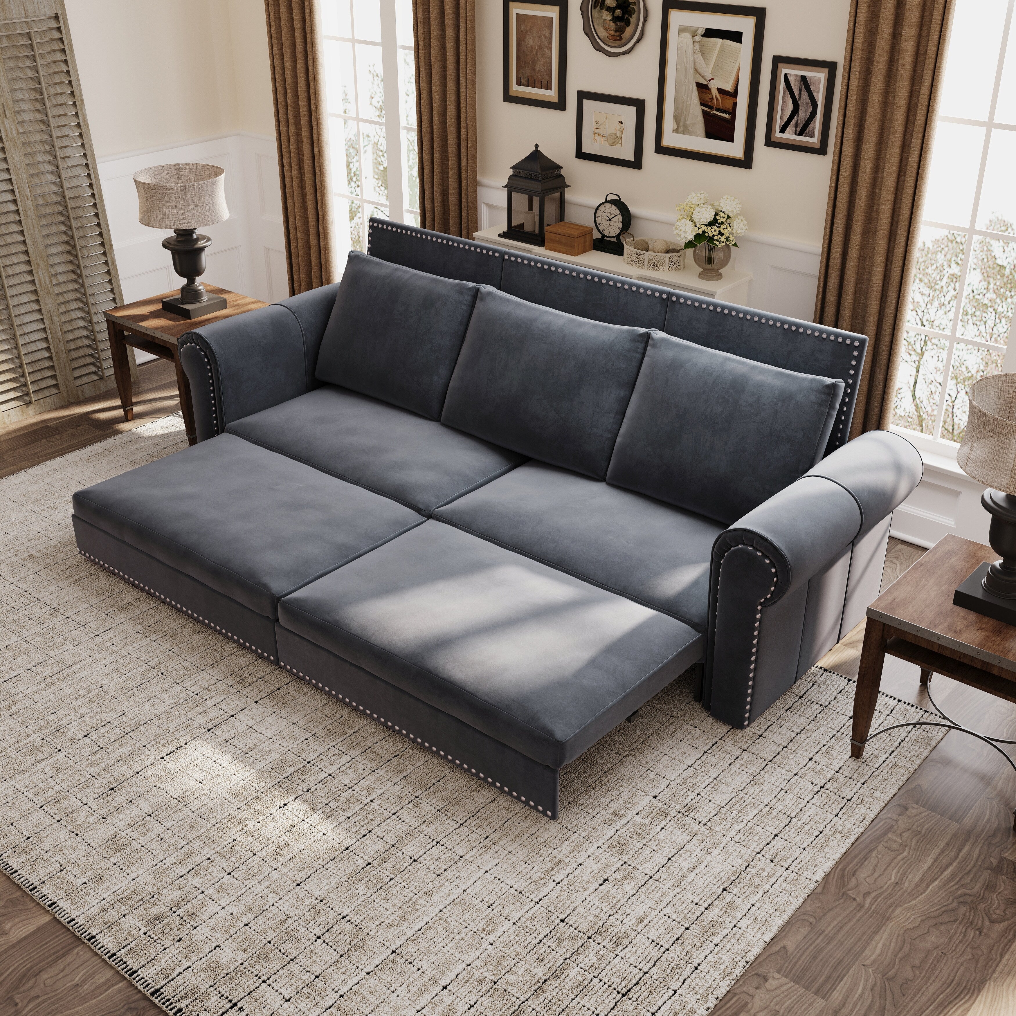 3-in-1 Convertible King Sleeper Sofa with Nailhead Trim & Rolled Arm