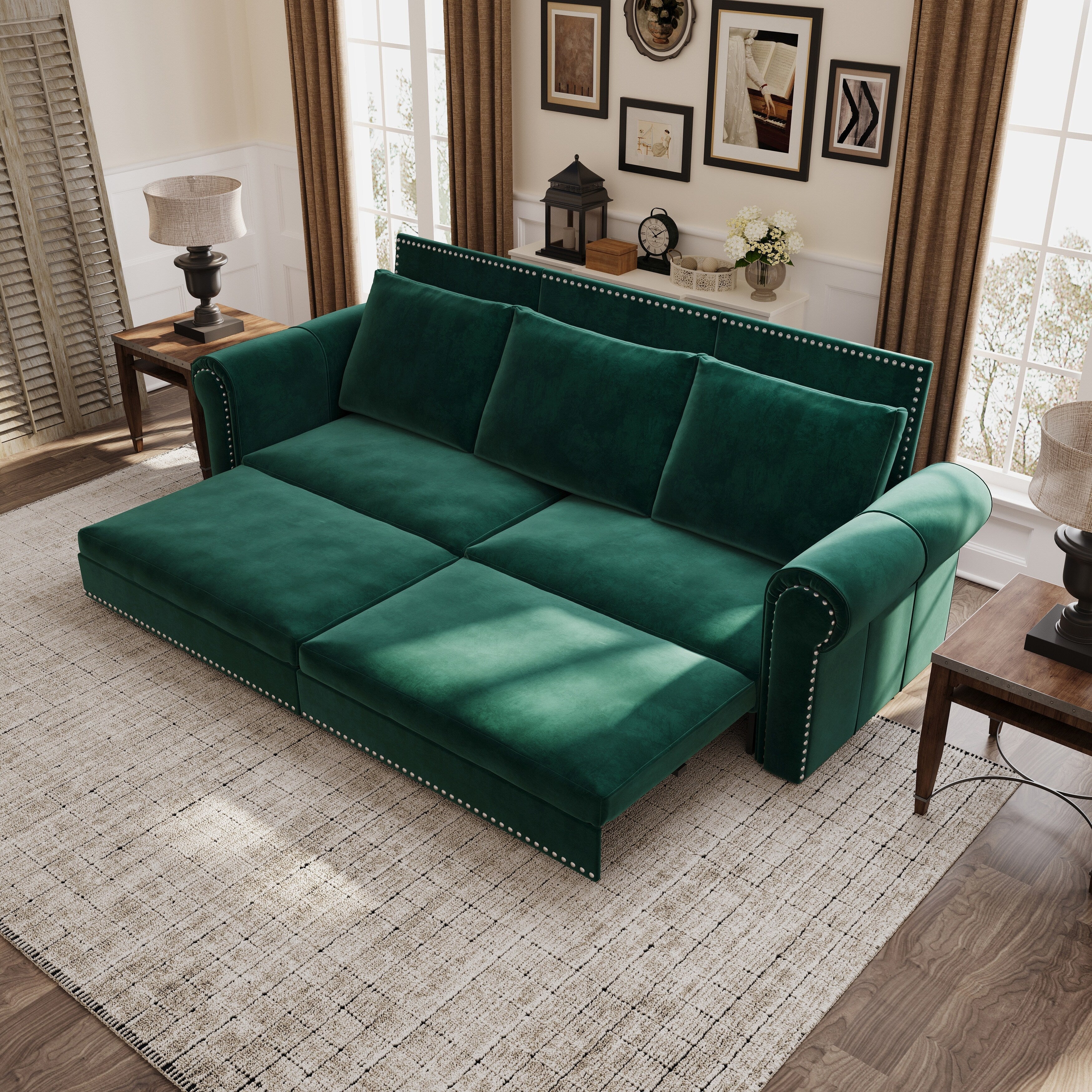 3-in-1 Convertible King Sleeper Sofa with Nailhead Trim & Rolled Arm