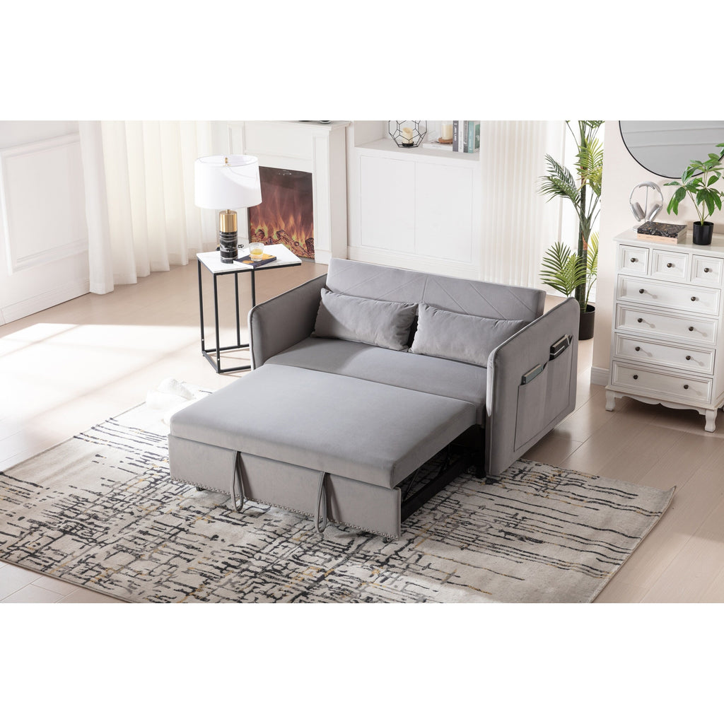 3 in 1 Convertible Sleeper Futon Sofa Bed, 55 Loveseat Lounge Couches with 2 Pillows, USB Ports & Side Pockets