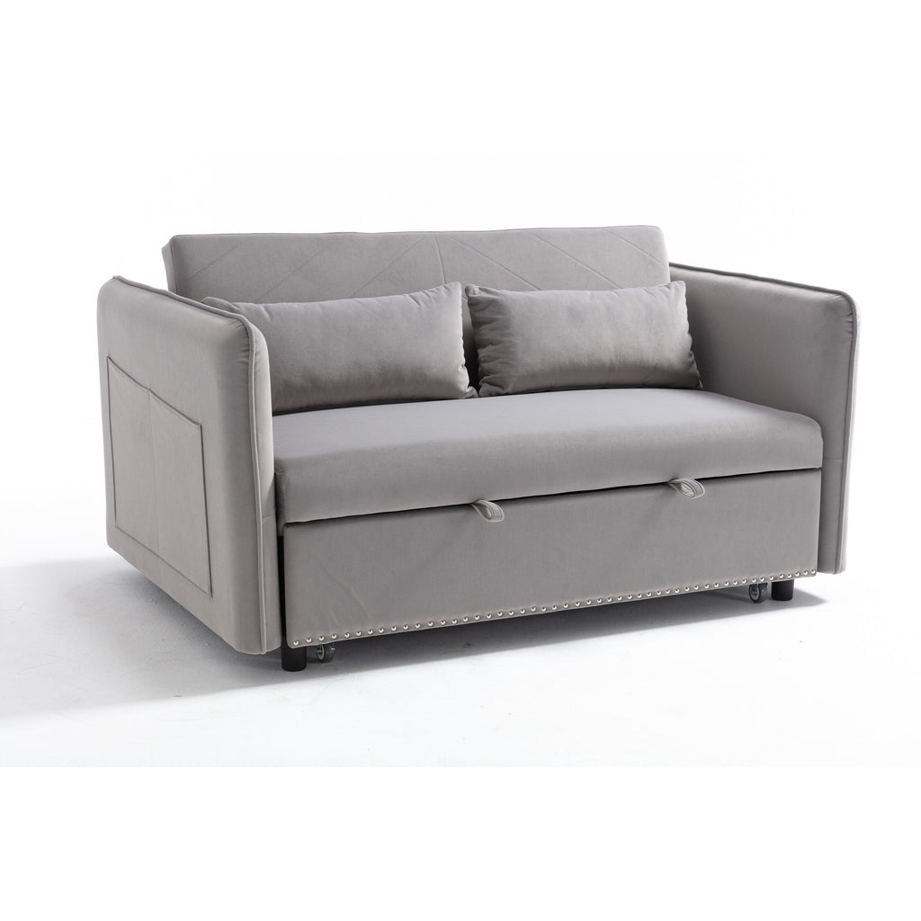 3 in 1 Convertible Sleeper Futon Sofa Bed, 55 Loveseat Lounge Couches with 2 Pillows, USB Ports & Side Pockets