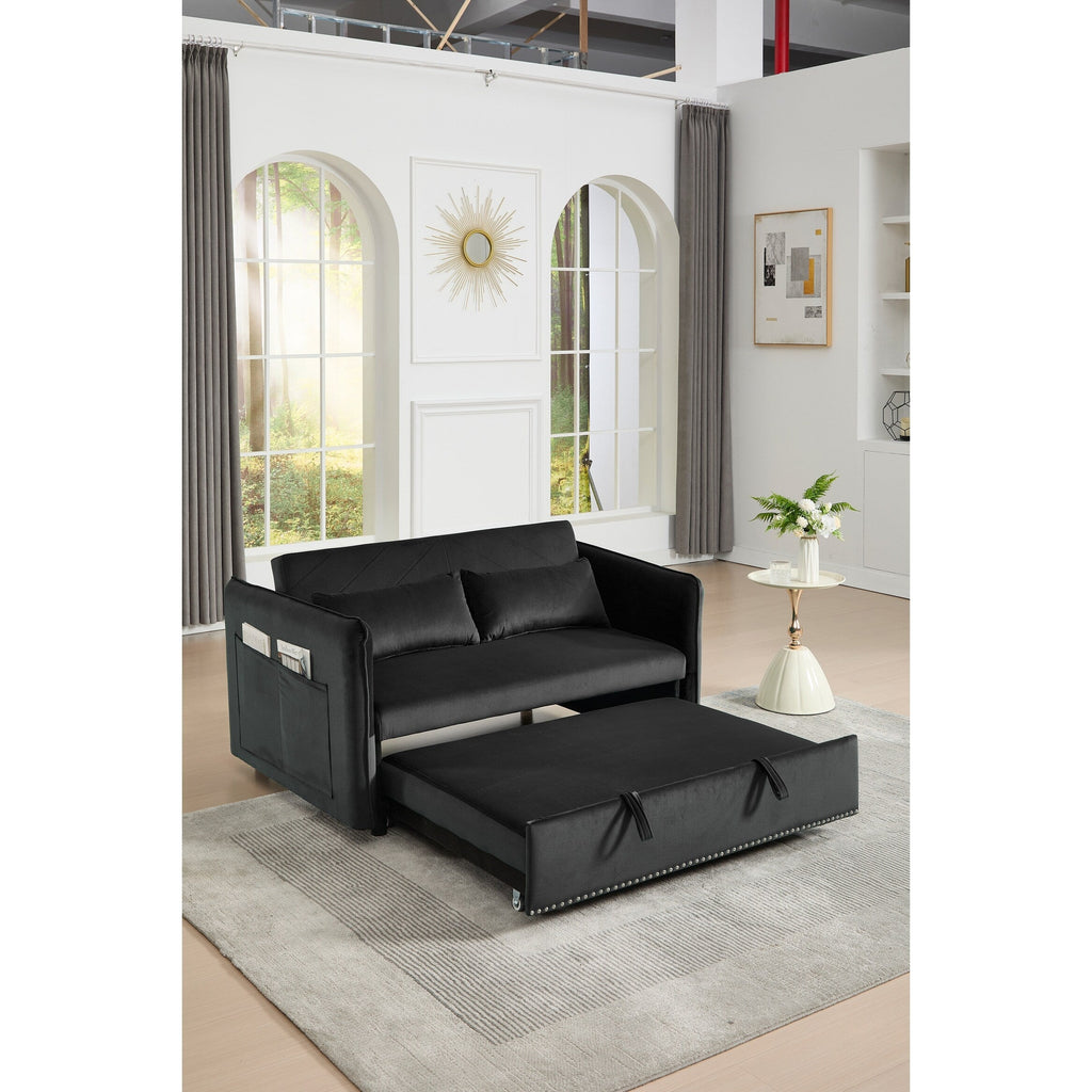 3 in 1 Convertible Sleeper Futon Sofa Bed, 55 Loveseat Lounge Couches with 2 Pillows, USB Ports & Side Pockets