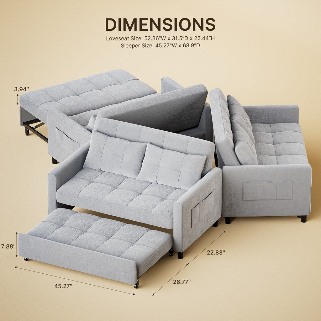 3 in 1 Convertible Sleeper Loveseat Couch, Futon Sofa Bed with Pull-Out Bed & Adjustable Backrest
