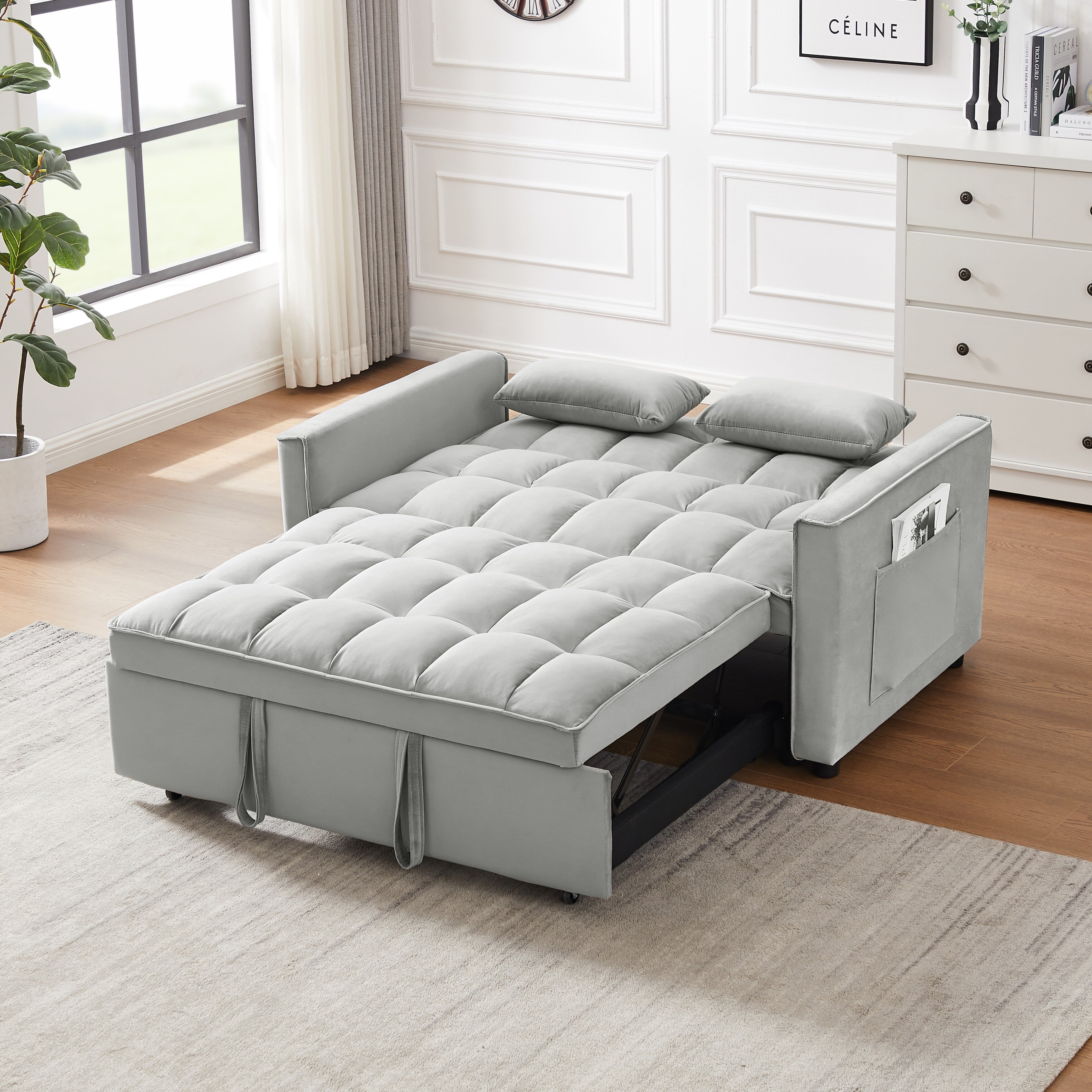 3-in-1 Modern Velvet Loveseat Futon Sleeper Sofa with Pillows Pockets Gray