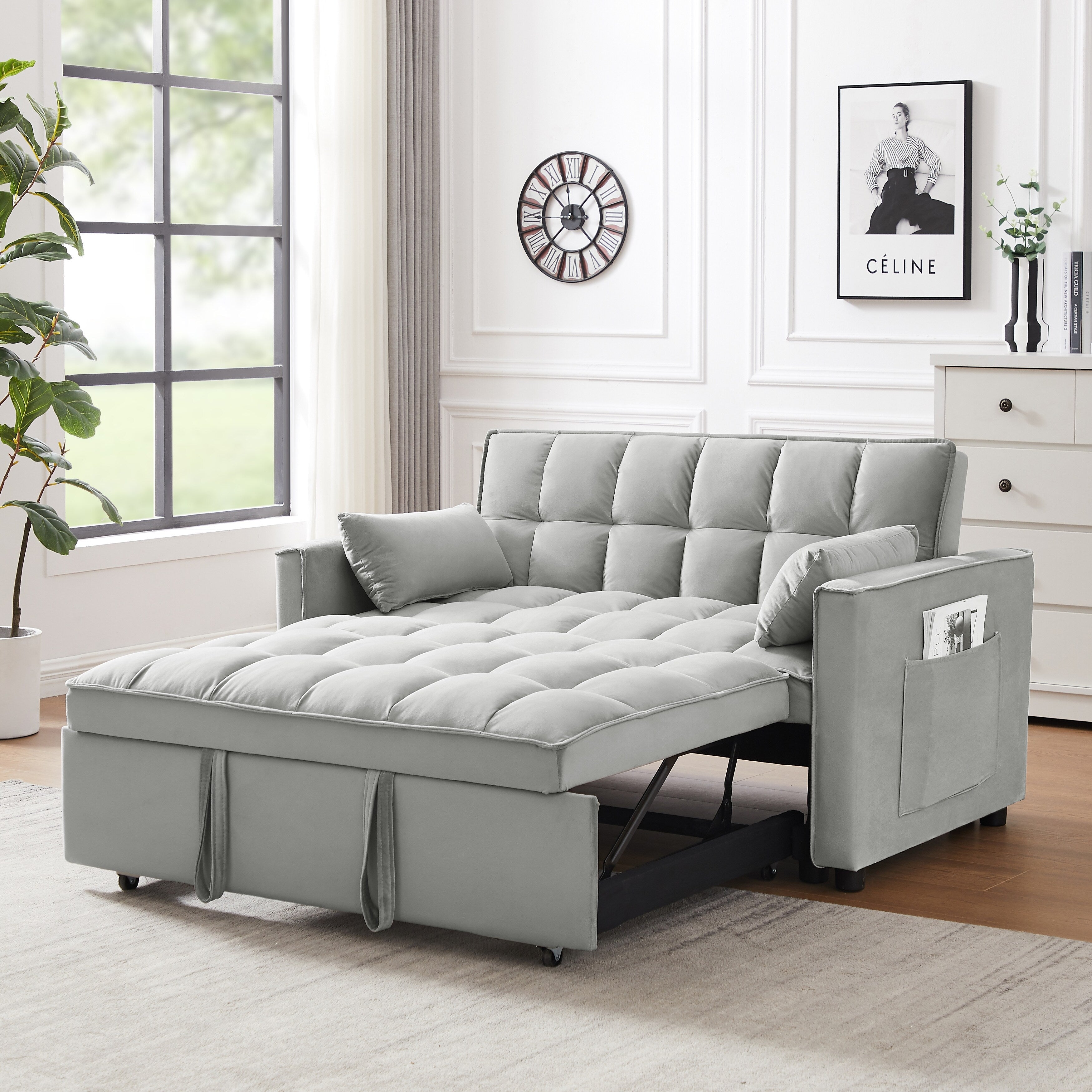 3-in-1 Modern Velvet Loveseat Futon Sleeper Sofa with Pillows Pockets Gray