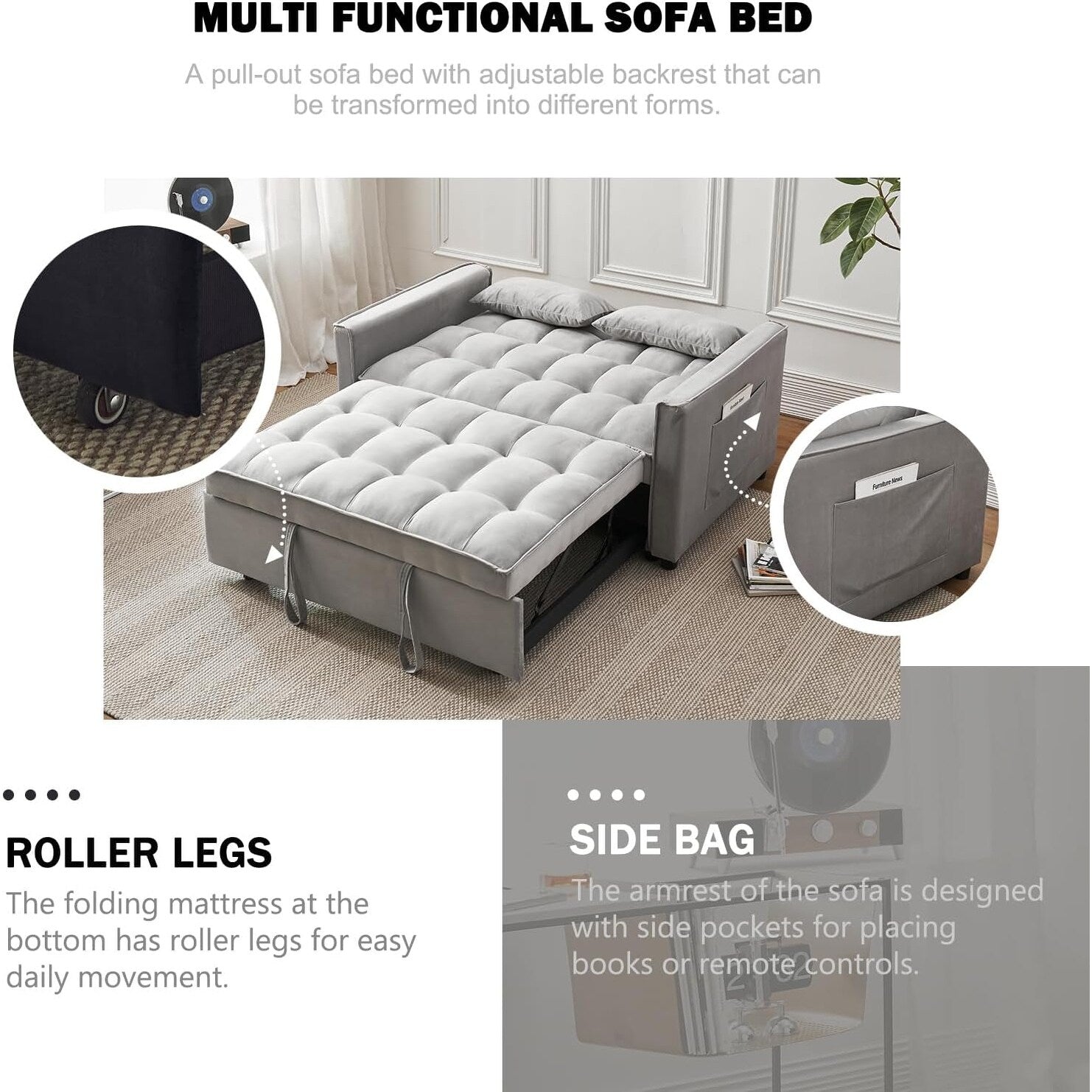 3-in-1 Velvet Sleeper Sofa Bed - Pull Out Couch with Adjustable Backrest, Armrests & Storage Pockets for Living Room