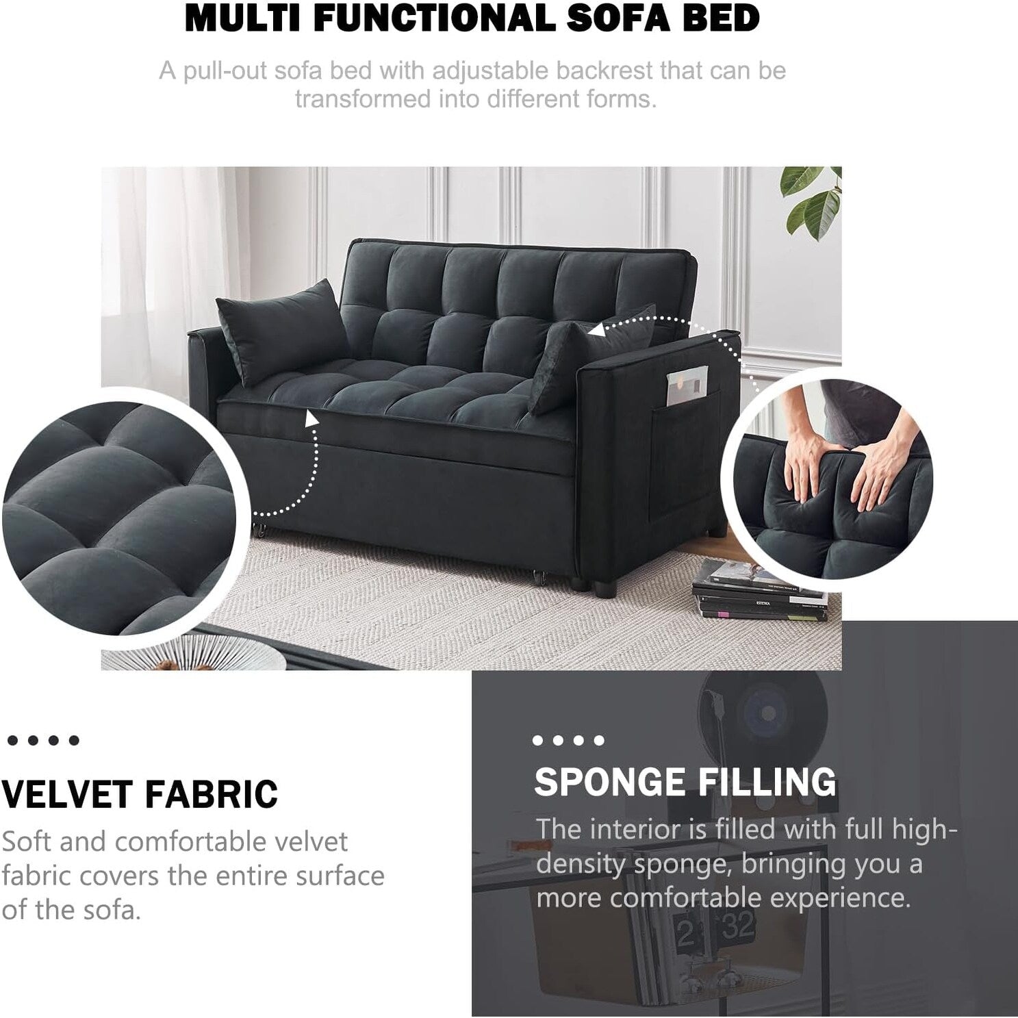 3-in-1 Velvet Sleeper Sofa Bed - Pull Out Couch with Adjustable Backrest, Armrests & Storage Pockets for Living Room