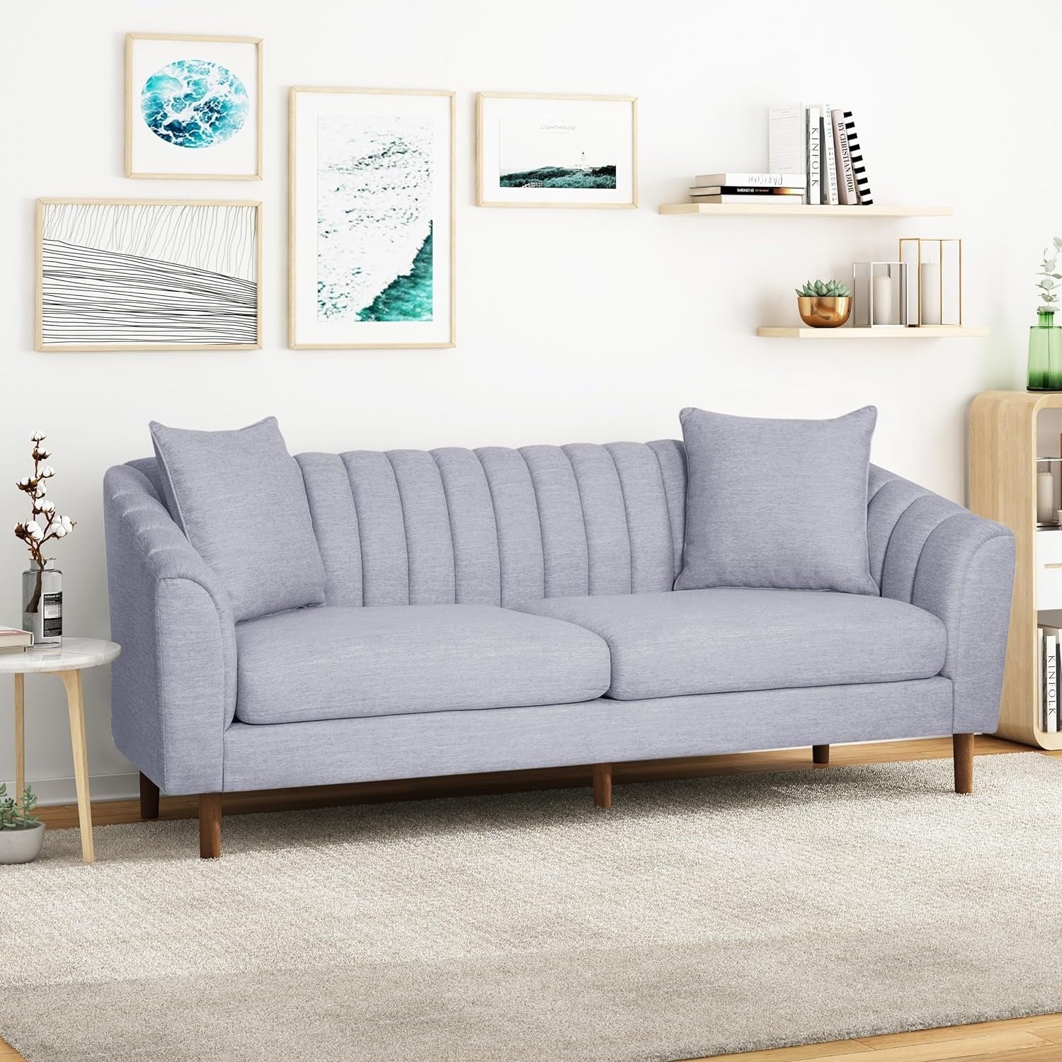 3-seater Sofa with Wood Legs and Pillows