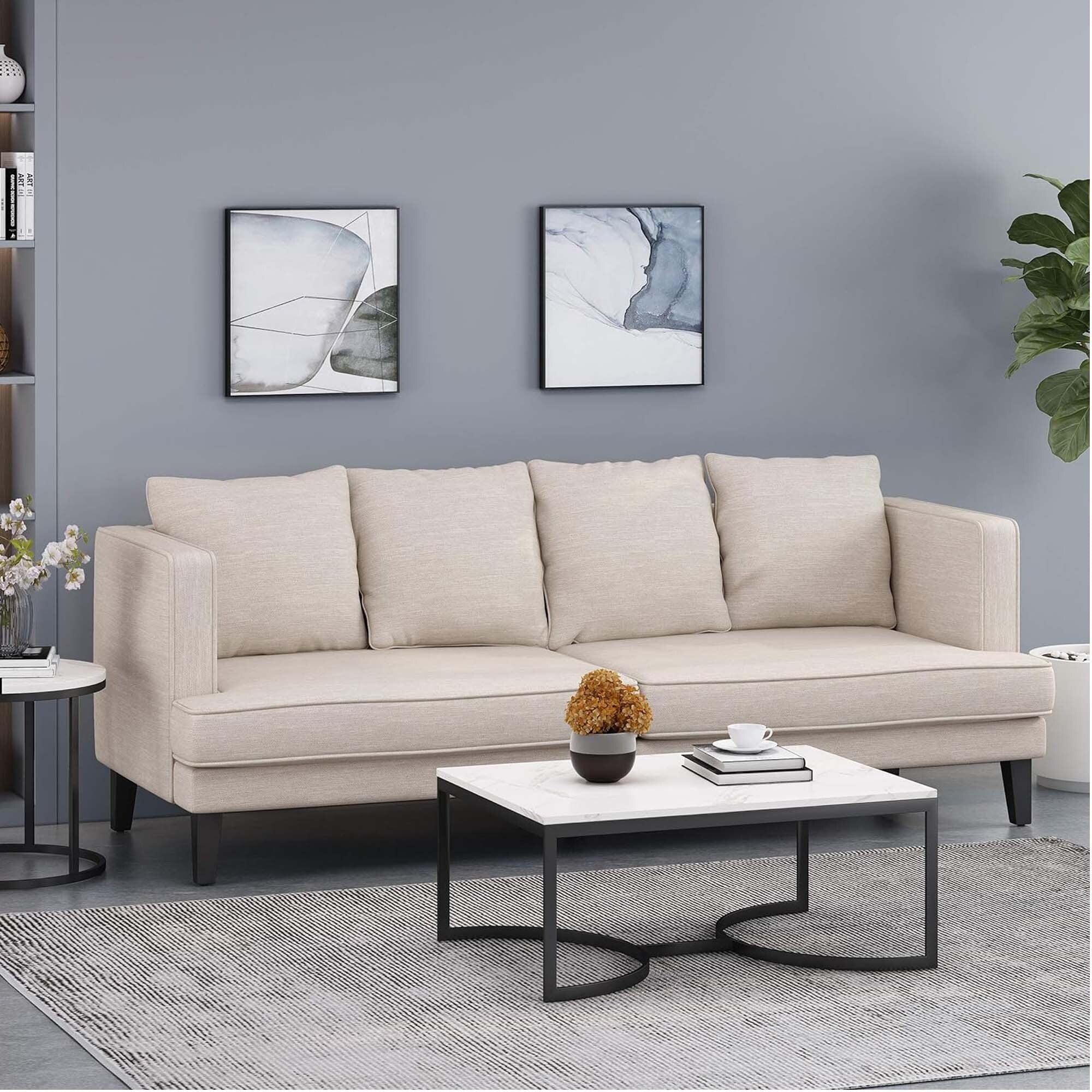 3-seater Sofa with Wood Legs and Tufted Back
