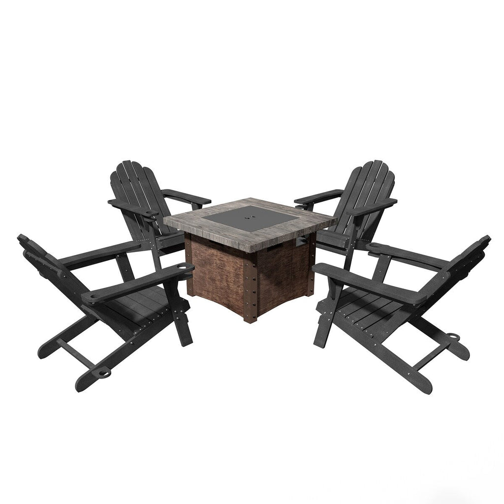 34.5 in. 5-Piece Metal Patio Fire Pit Set, Fire Pit Table and Adirondack Chairs with Cup Holder and Umbrella Holder
