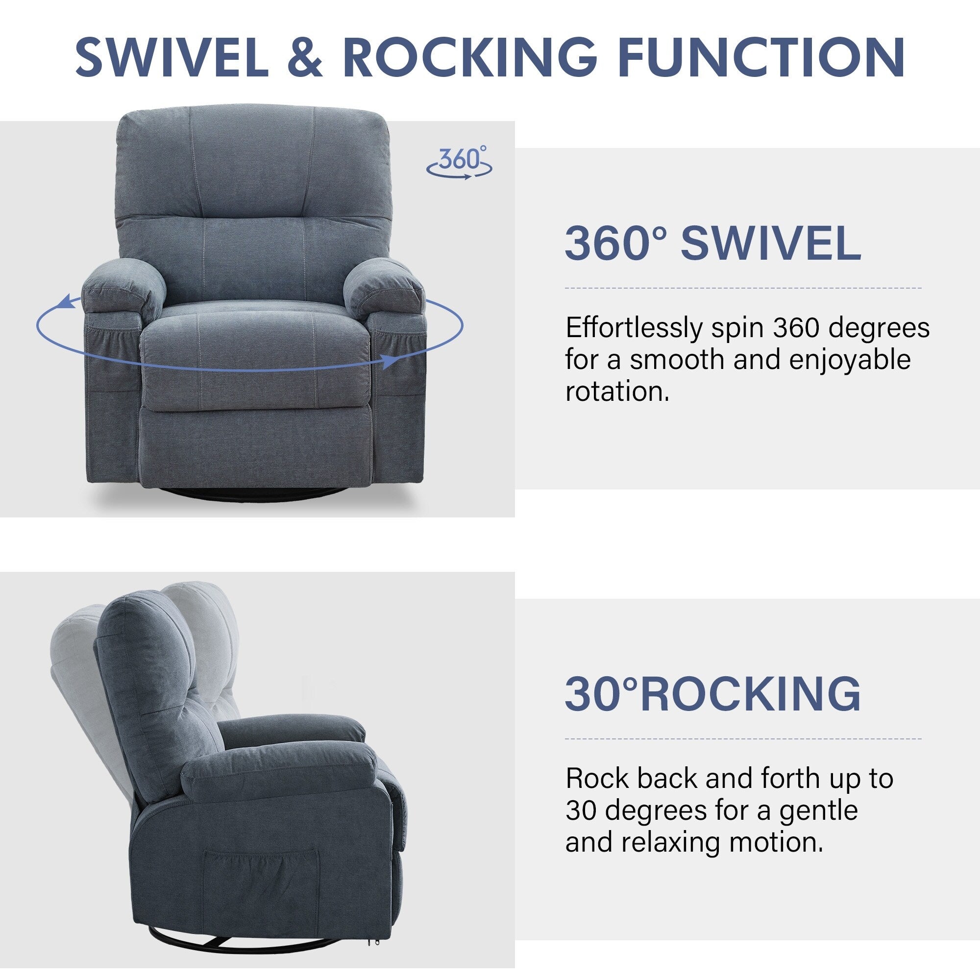360 Swivel Manual Recliner Single Sofa Chair Fabric Lounge Chair with Pull Out Footrest and Side Pockets