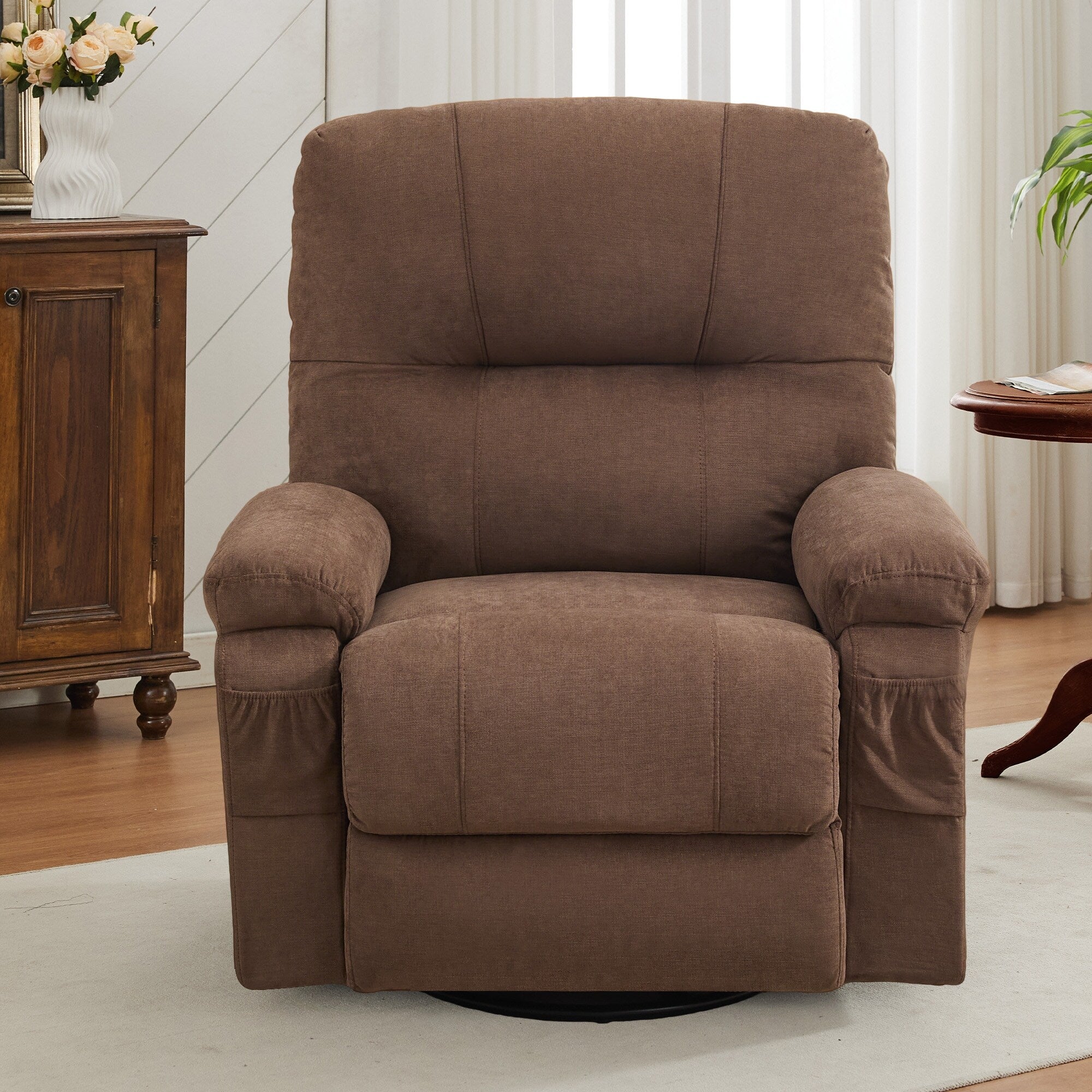 360 Swivel Manual Recliner Single Sofa Chair Fabric Lounge Chair with Pull Out Footrest and Side Pockets
