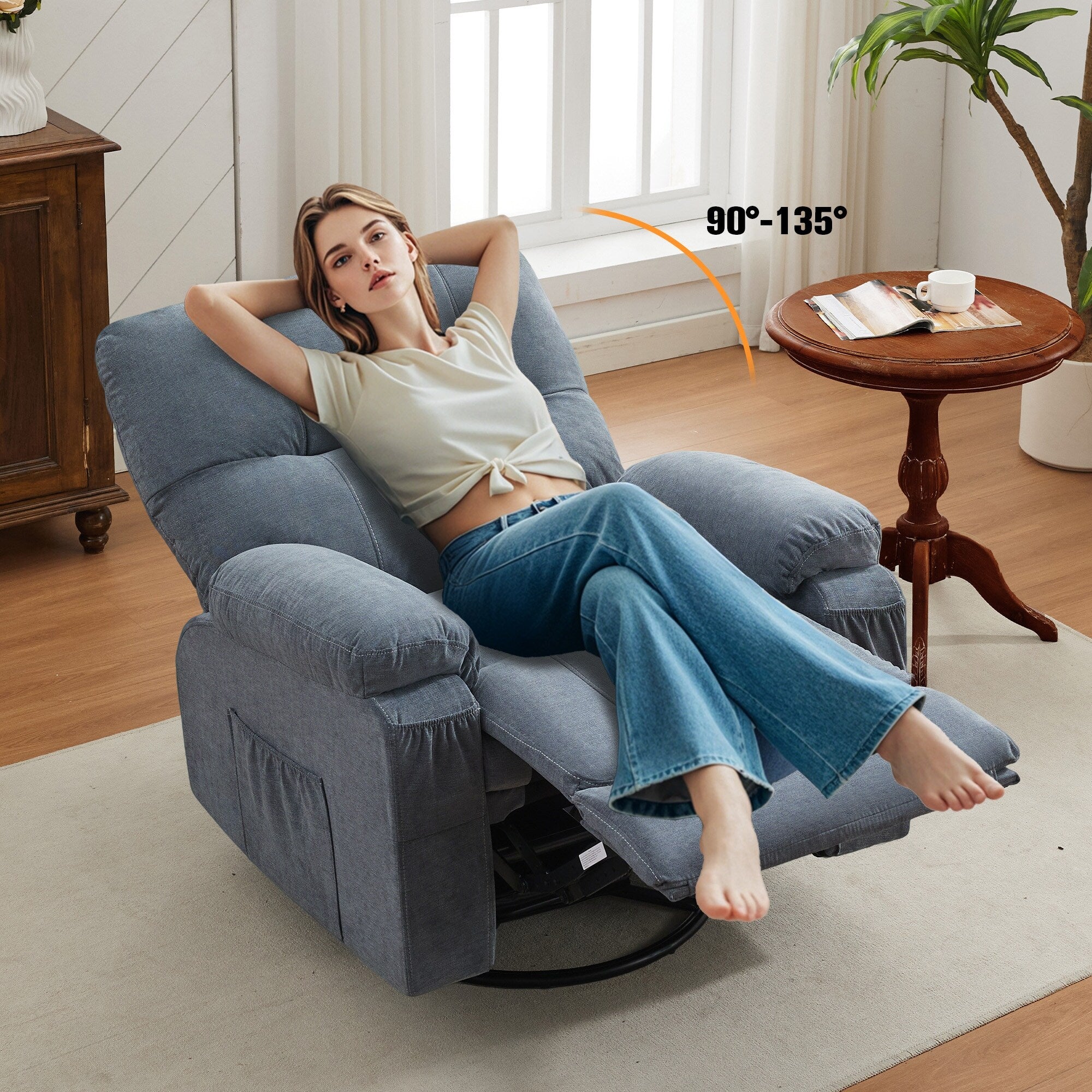 360 Swivel Manual Recliner Single Sofa Chair Fabric Lounge Chair with Pull Out Footrest and Side Pockets