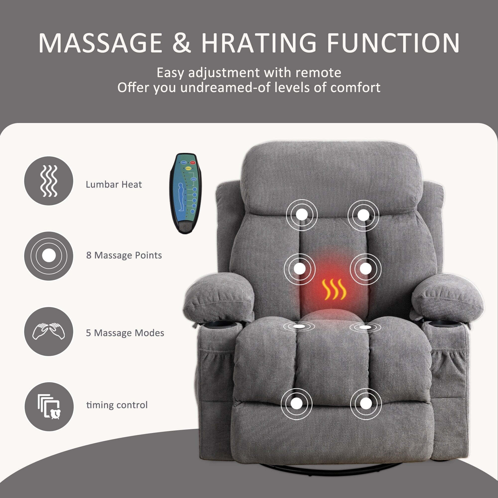 360 Swivel Massage Heat Manual Recliner Fabric Single Lounge Chair with USB Charging and Double Cup Holders