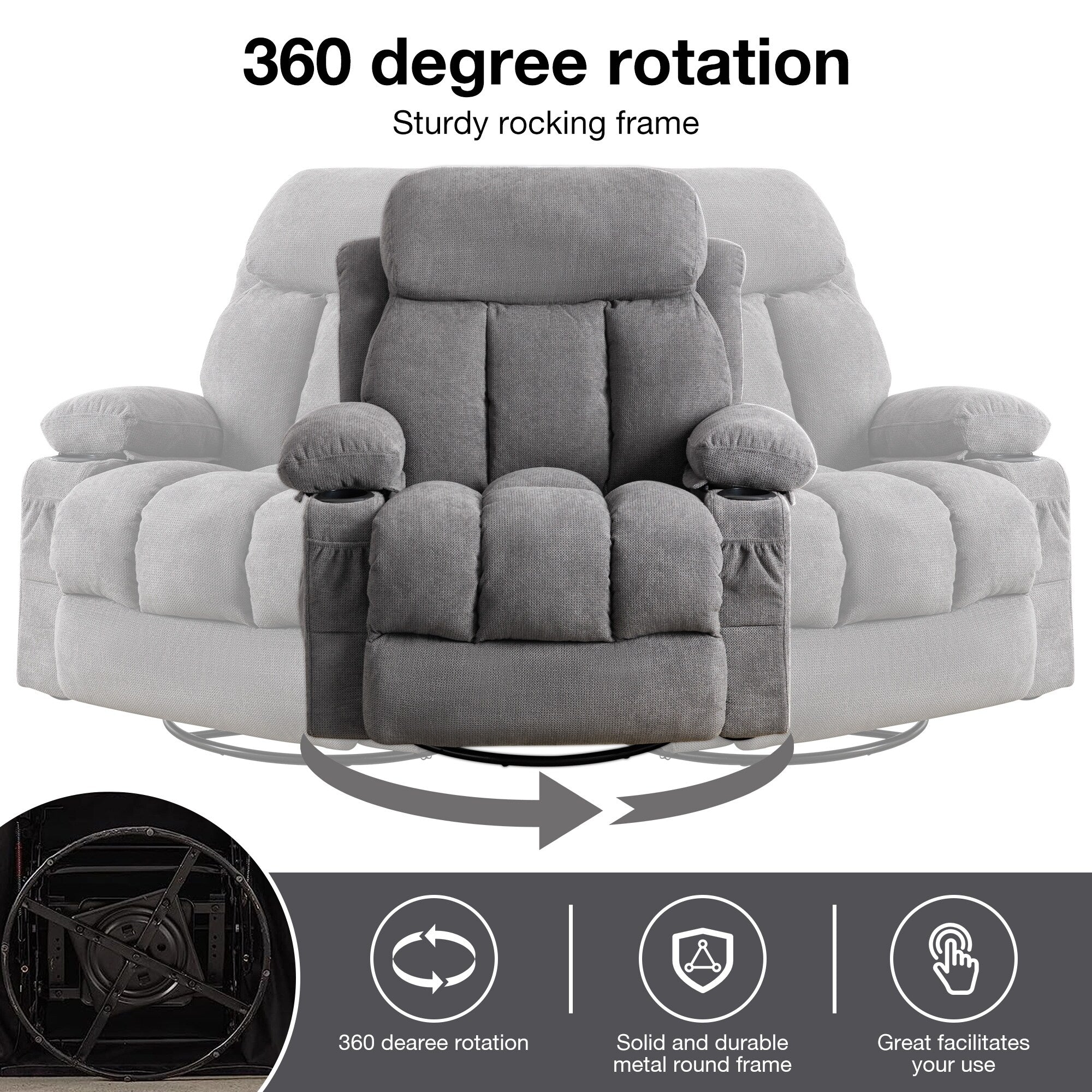 360 Swivel Massage Heat Manual Recliner Fabric Single Lounge Chair with USB Charging and Double Cup Holders