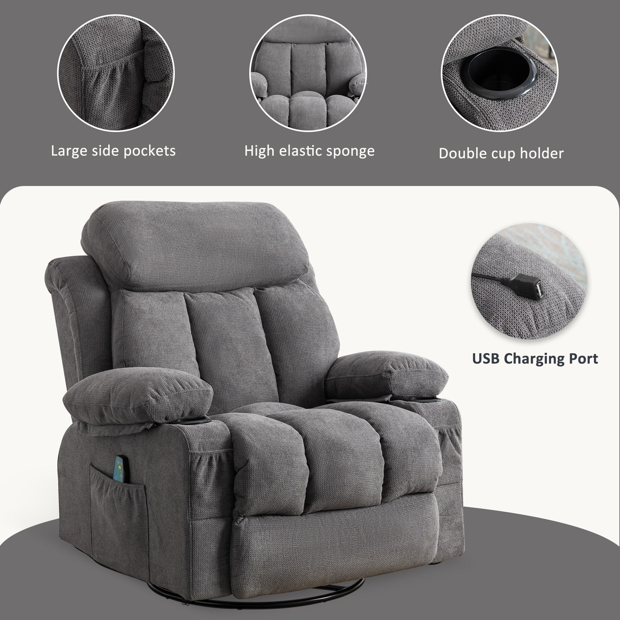 360 Swivel Massage Heat Manual Recliner Fabric Single Lounge Chair with USB Charging and Double Cup Holders