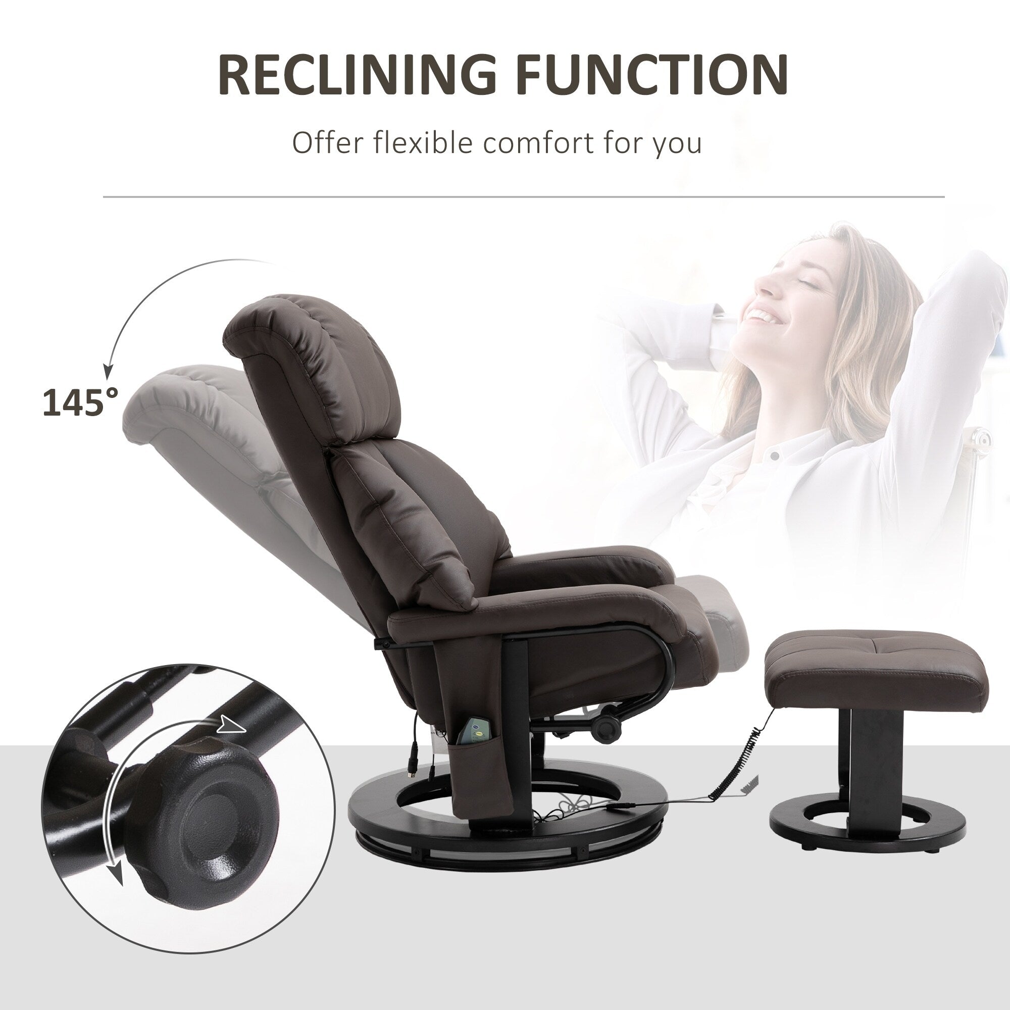 360 Swivel Massage Recliner Chair PU Leather Lounge Chair with 145 Recline, Footrest, Remote Control and Side Pocket