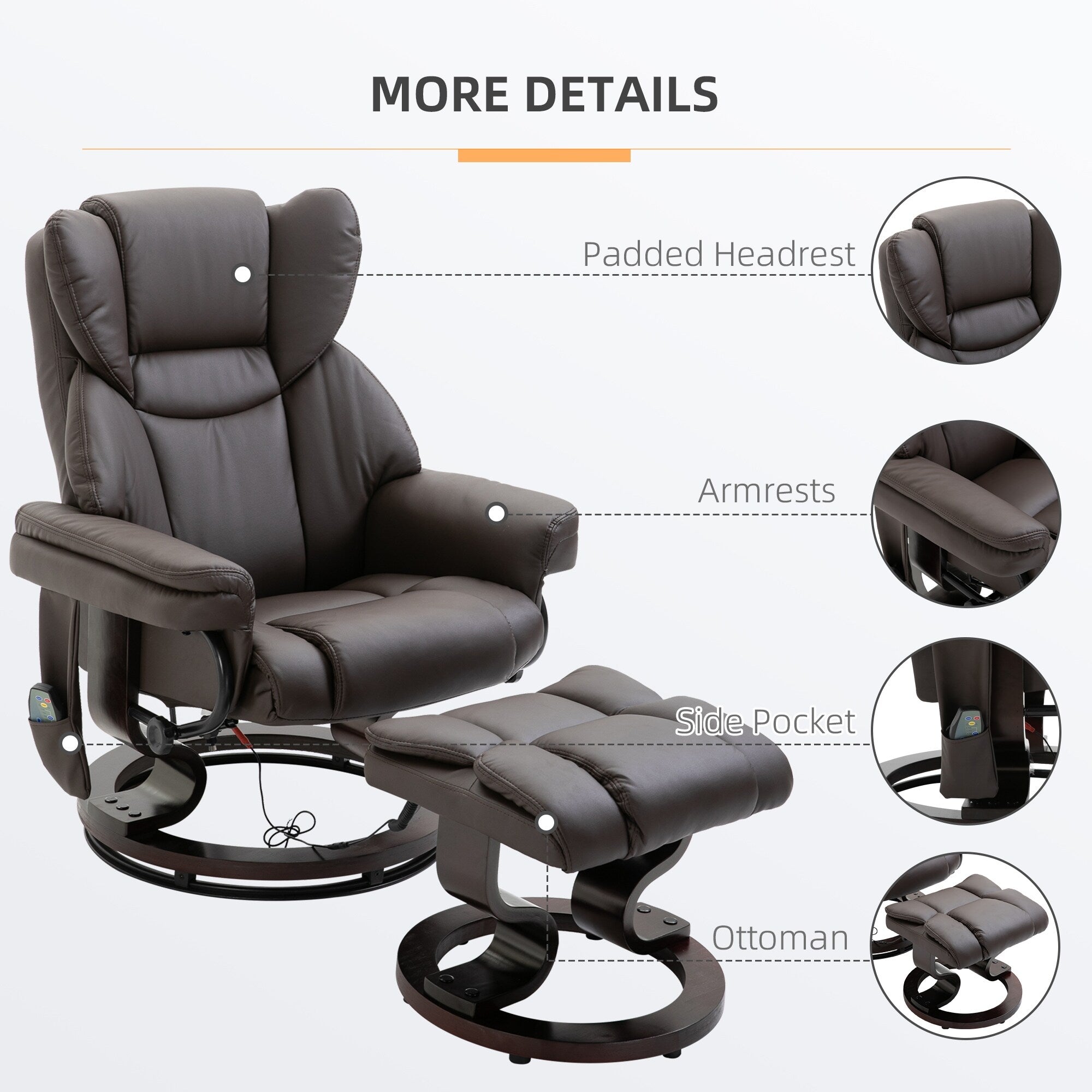 360 Swivel PU Leather Massage Recliner Chair with 10 Vibration Points, Adjustable Backrest and Footrest