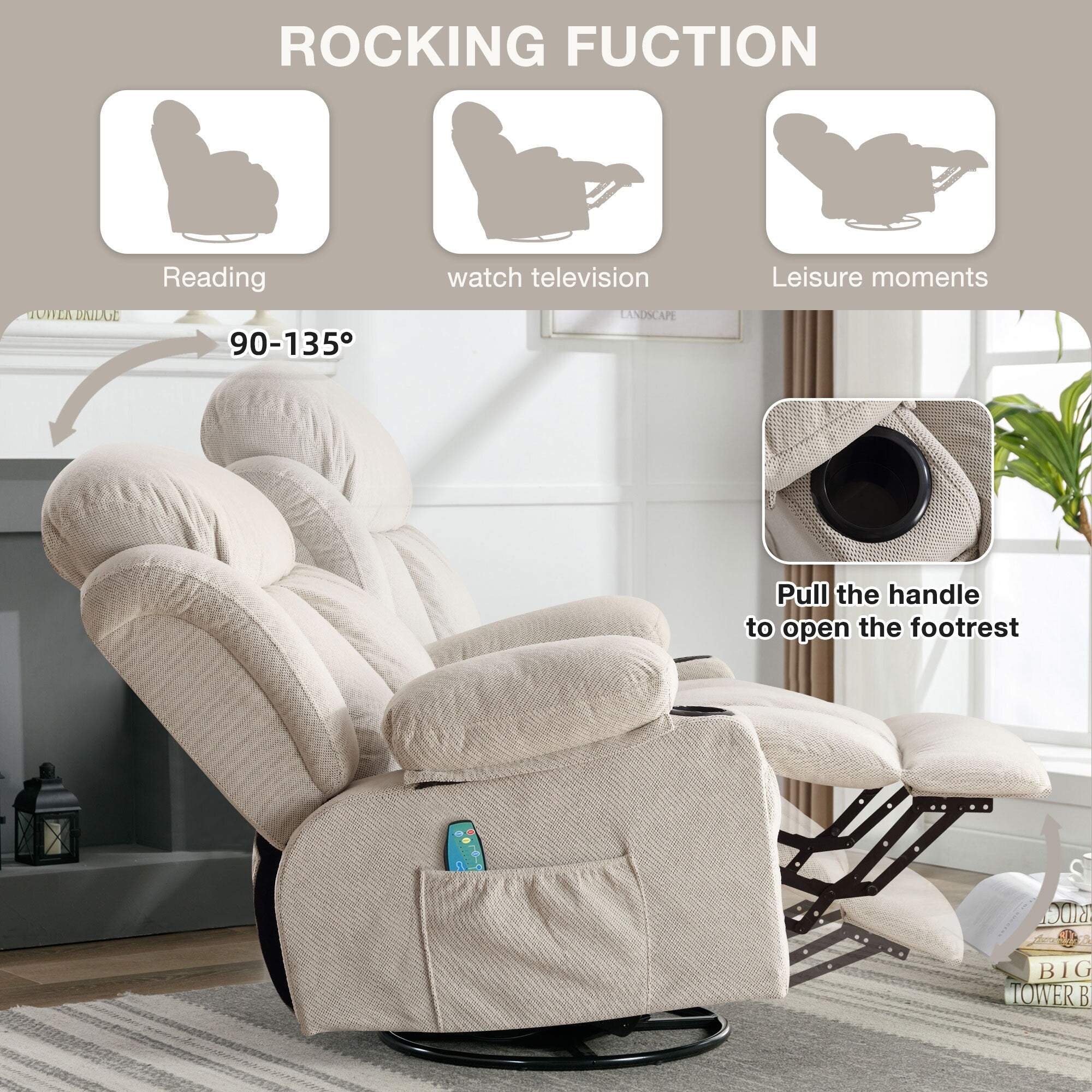 360 Swivel Recliner Massage Heated Sofa Swinging Lounge Chair with USB Charging, Side Pockets and 2 Cup Holders