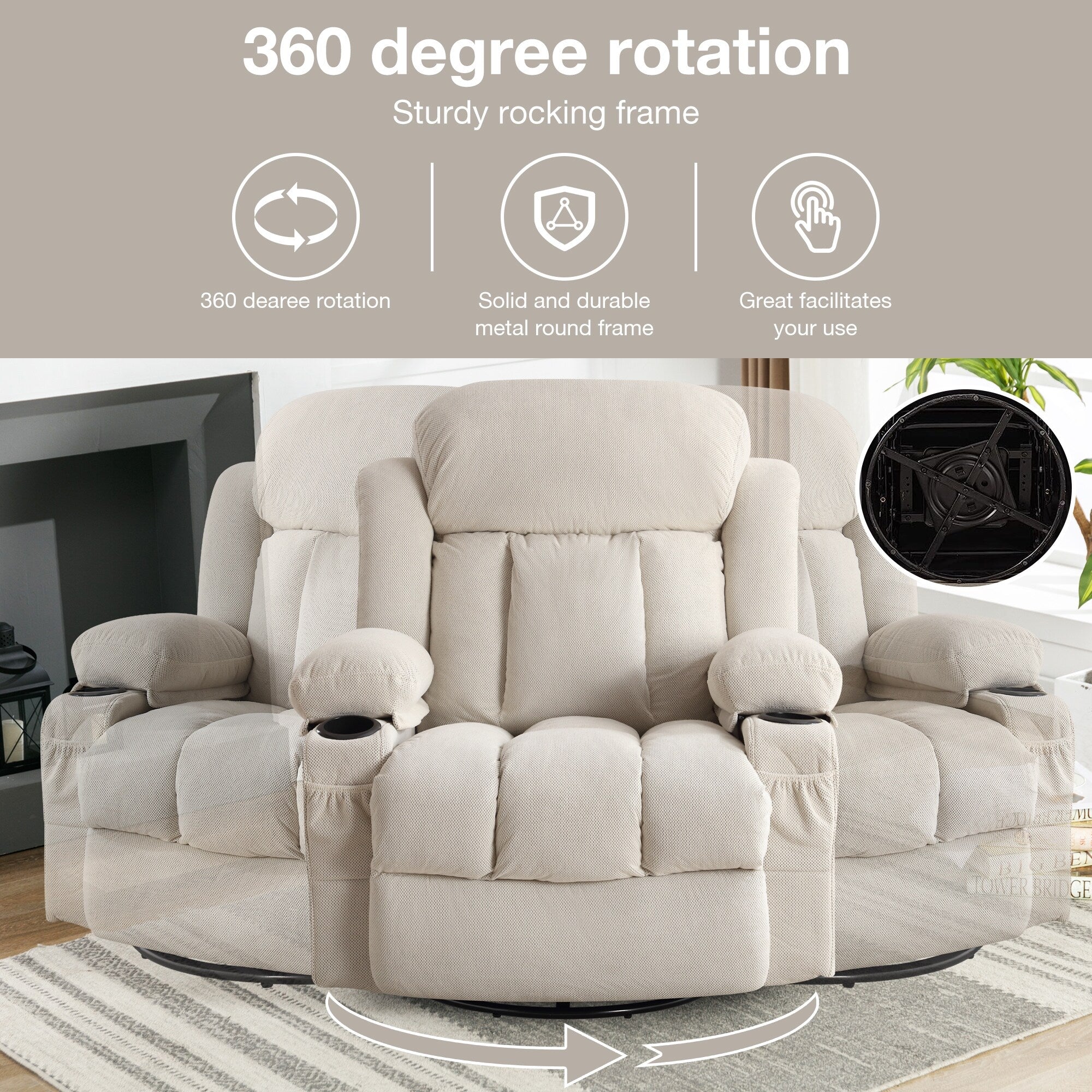360 Swivel Recliner Massage Heated Sofa Swinging Lounge Chair with USB Charging, Side Pockets and 2 Cup Holders