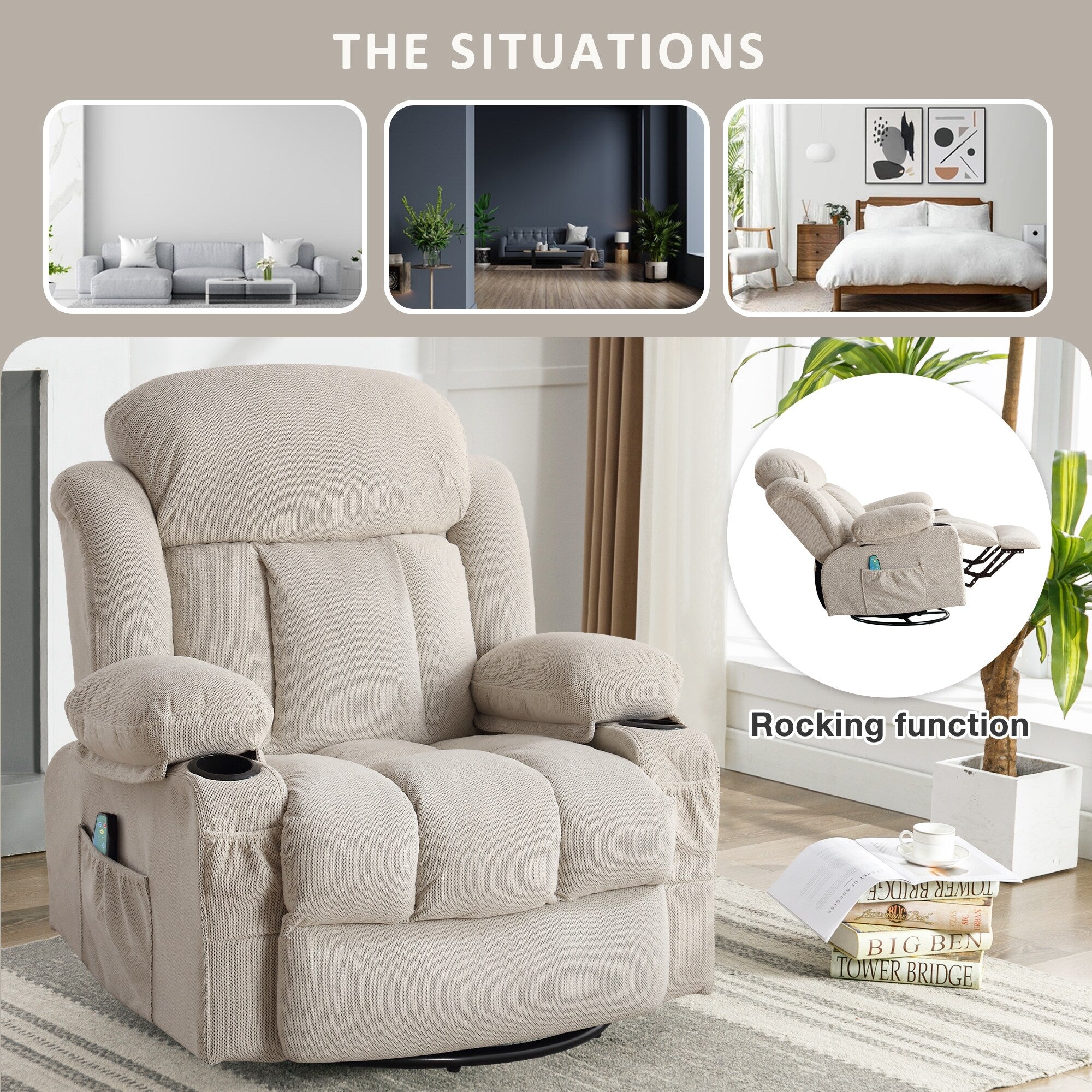 360 Swivel Recliner Massage Heated Sofa Swinging Lounge Chair with USB Charging, Side Pockets and 2 Cup Holders