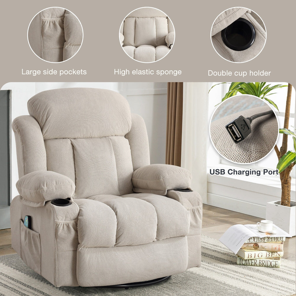 360 Swivel Recliner Massage Heated Sofa Swinging Lounge Chair with USB Charging, Side Pockets and 2 Cup Holders