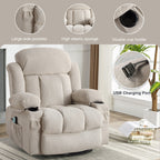 360 Swivel Recliner Massage Heated Sofa Swinging Lounge Chair with USB Charging, Side Pockets and 2 Cup Holders