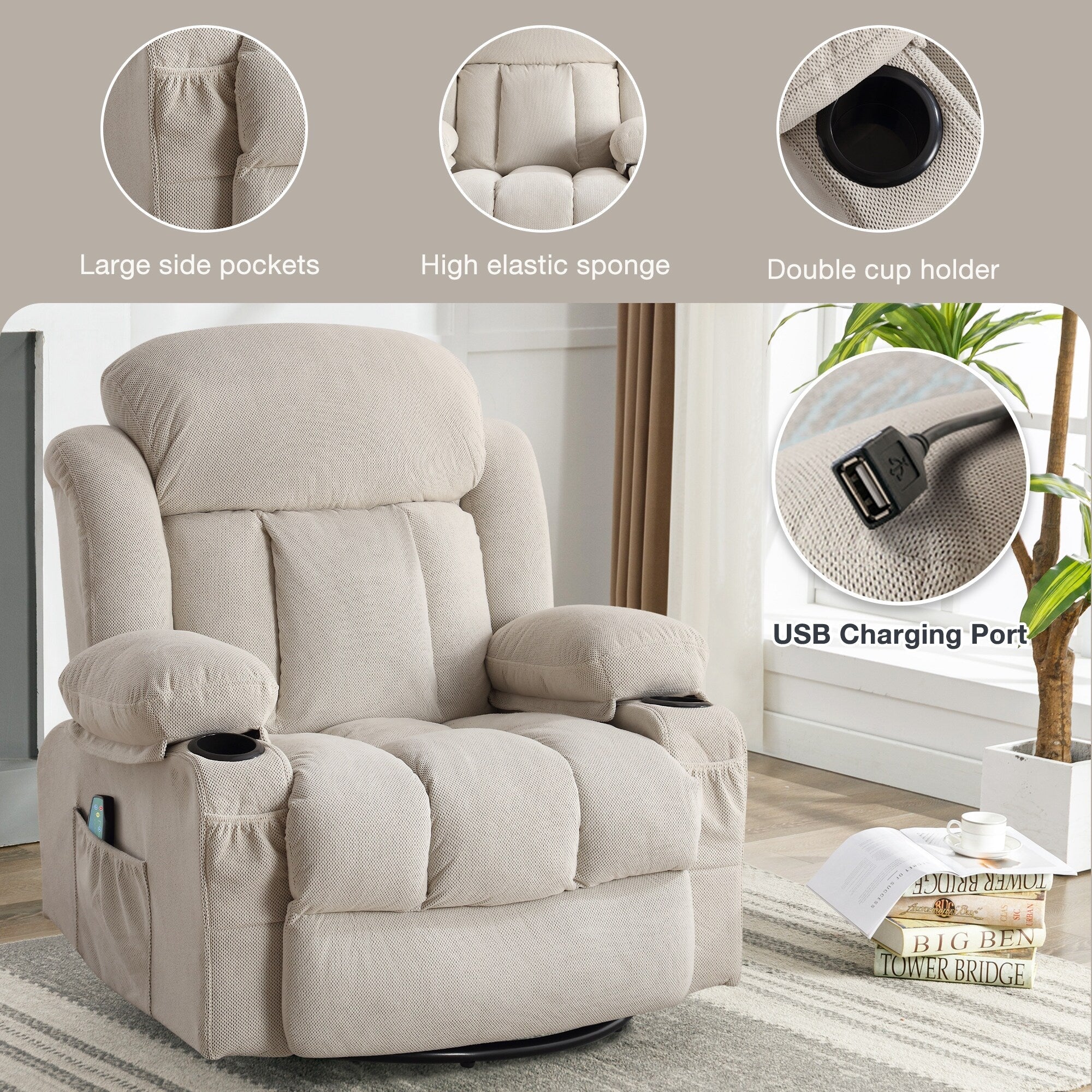 360 Swivel Recliner Massage Heated Sofa Swinging Lounge Chair with USB Charging, Side Pockets and 2 Cup Holders