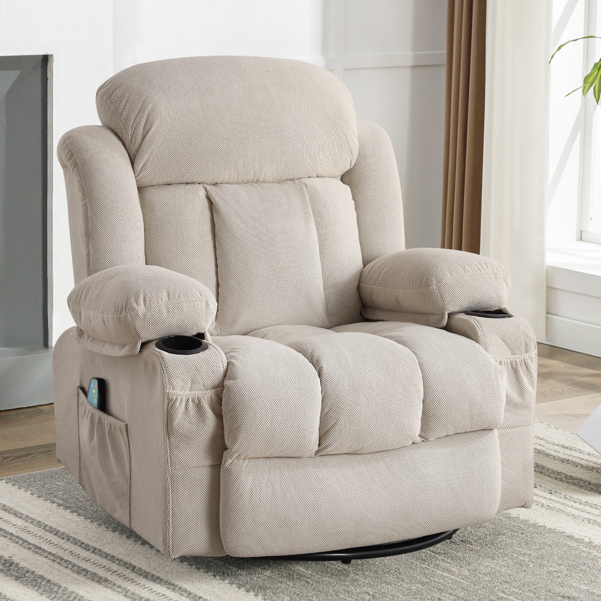 360 Swivel Recliner Massage Heated Sofa Swinging Lounge Chair with USB Charging, Side Pockets and 2 Cup Holders