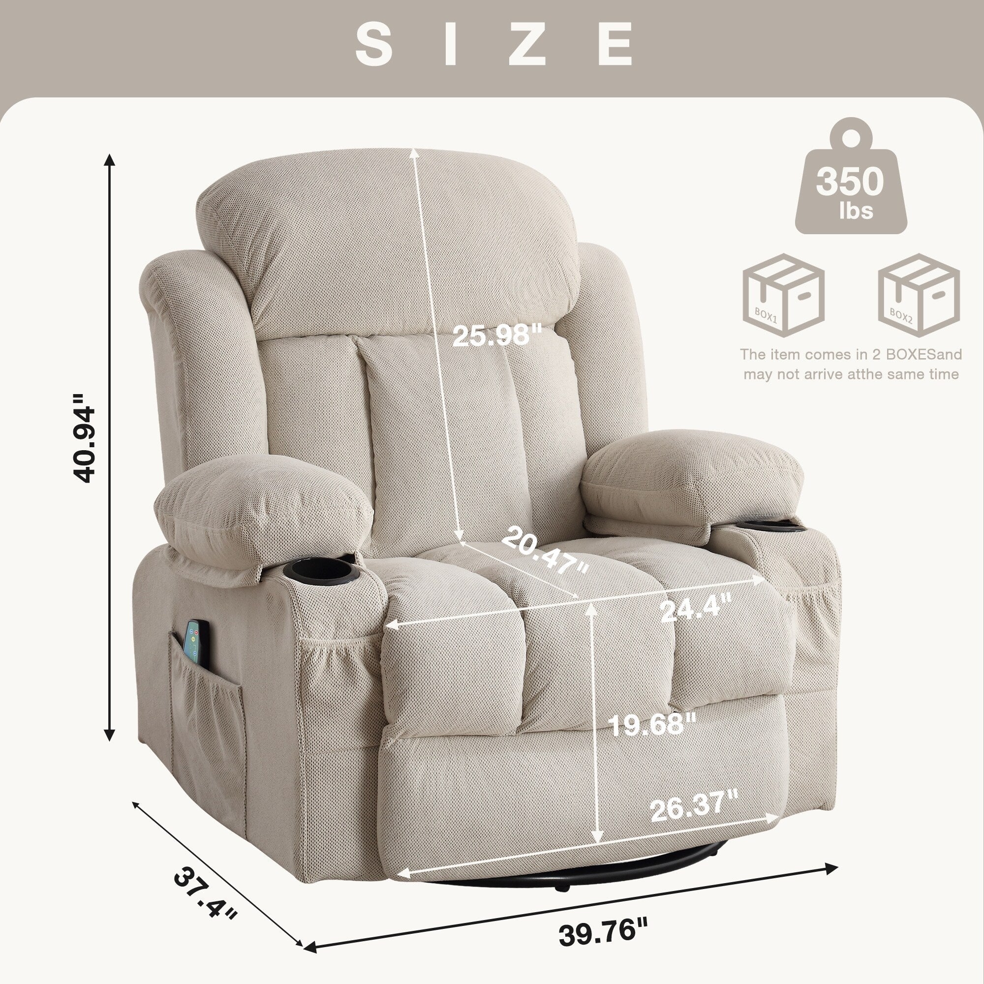 360 Swivel Recliner Massage Heated Sofa Swinging Lounge Chair with USB Charging, Side Pockets and 2 Cup Holders