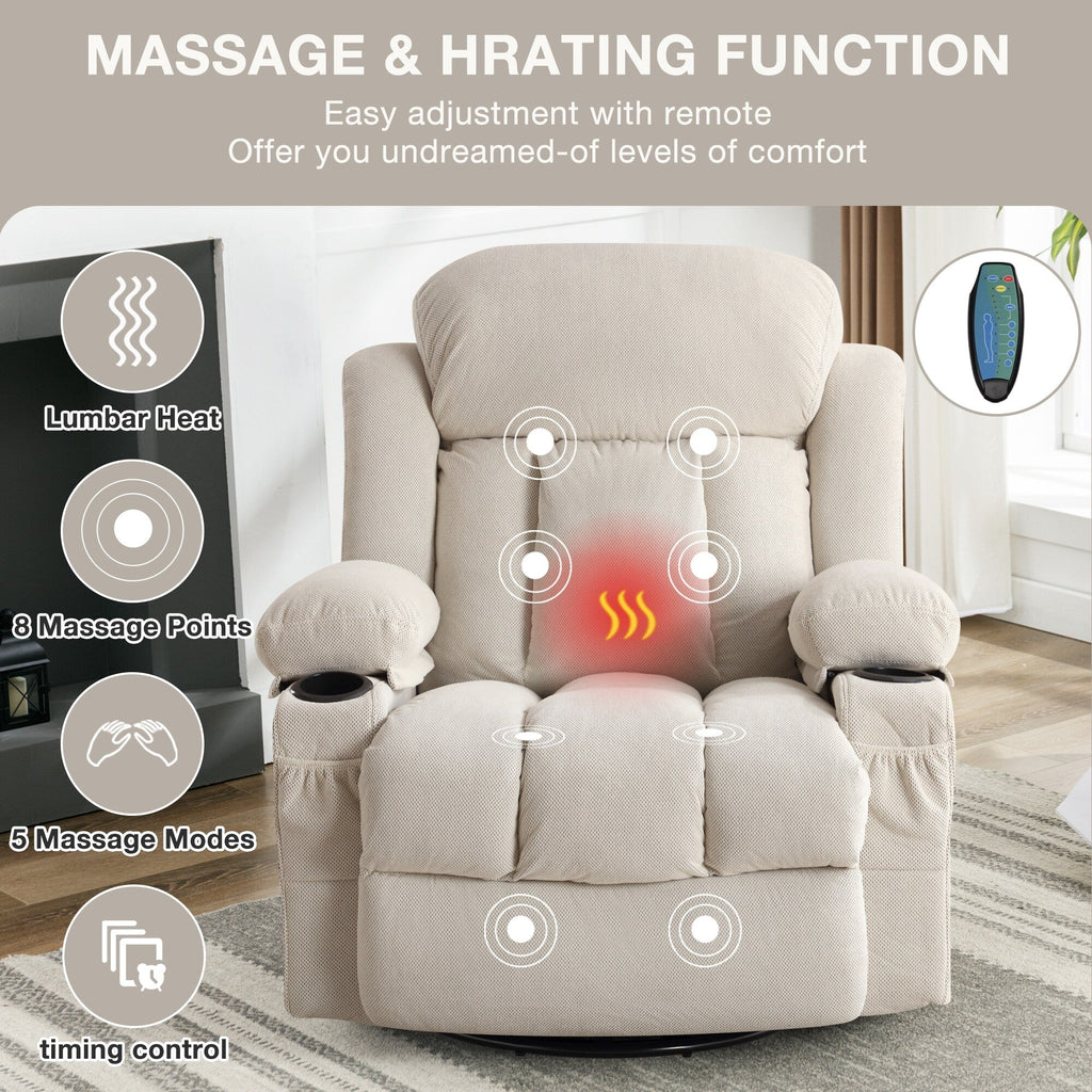 360 Swivel Recliner Massage Heated Sofa Swinging Lounge Chair with USB Charging, Side Pockets and 2 Cup Holders